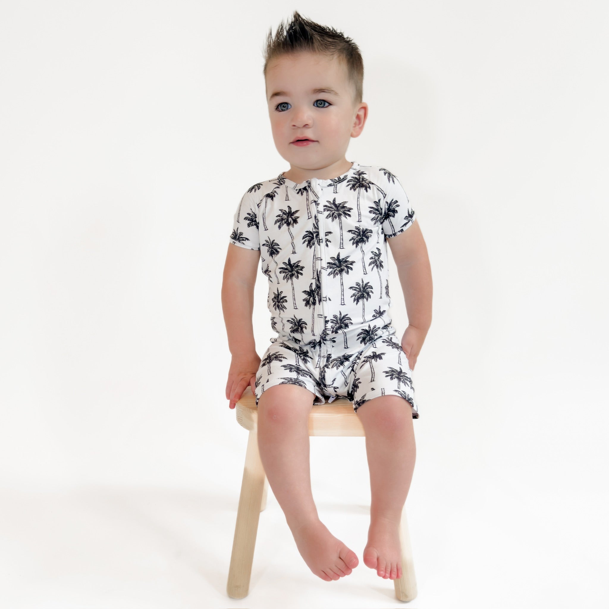 Bamboo Shorty Romper | Palm Style White