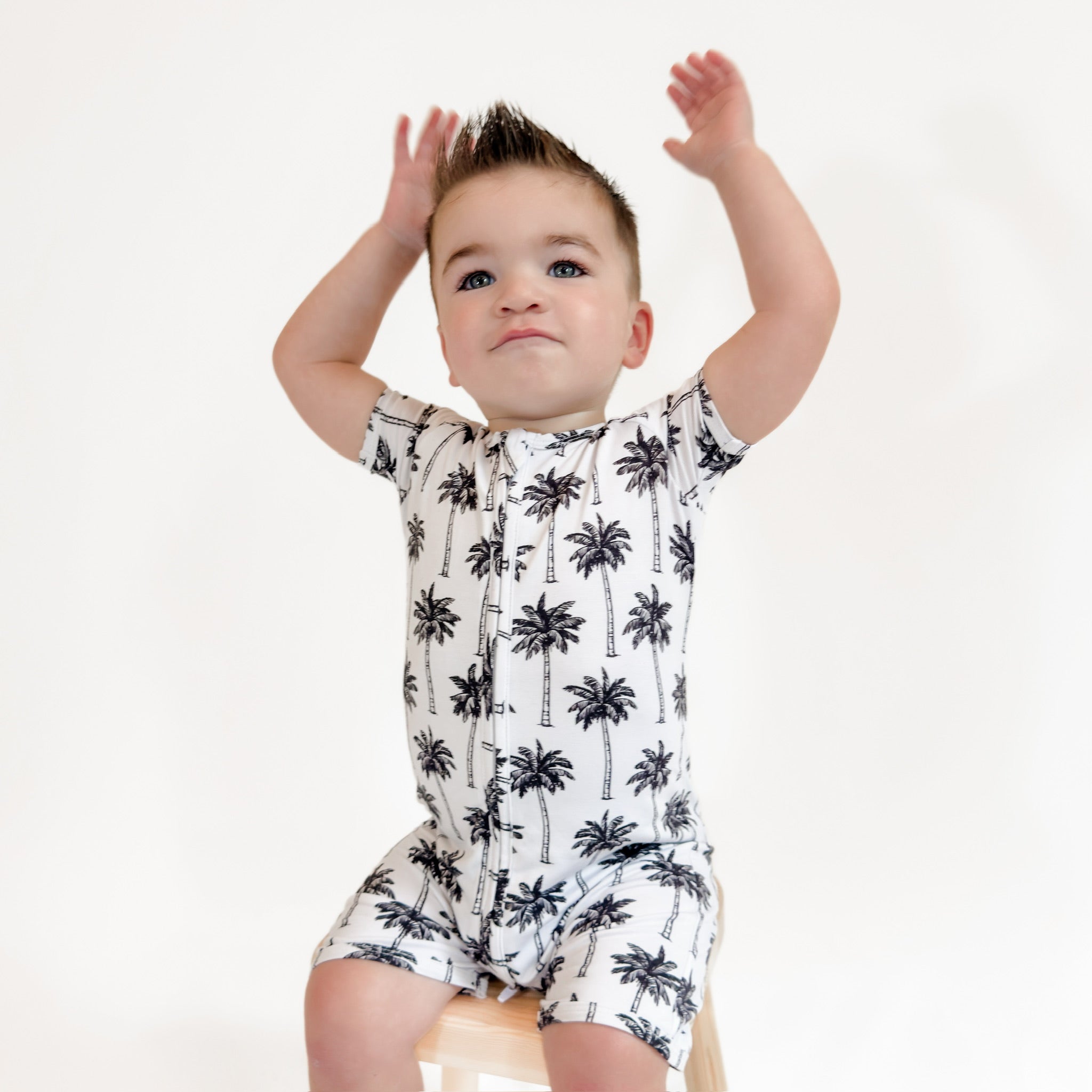 Bamboo Shorty Romper | Palm Style White