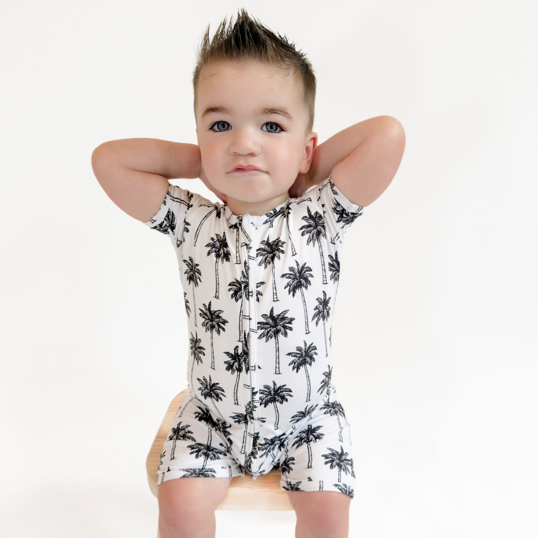 Bamboo Shorty Romper | Palm Style White