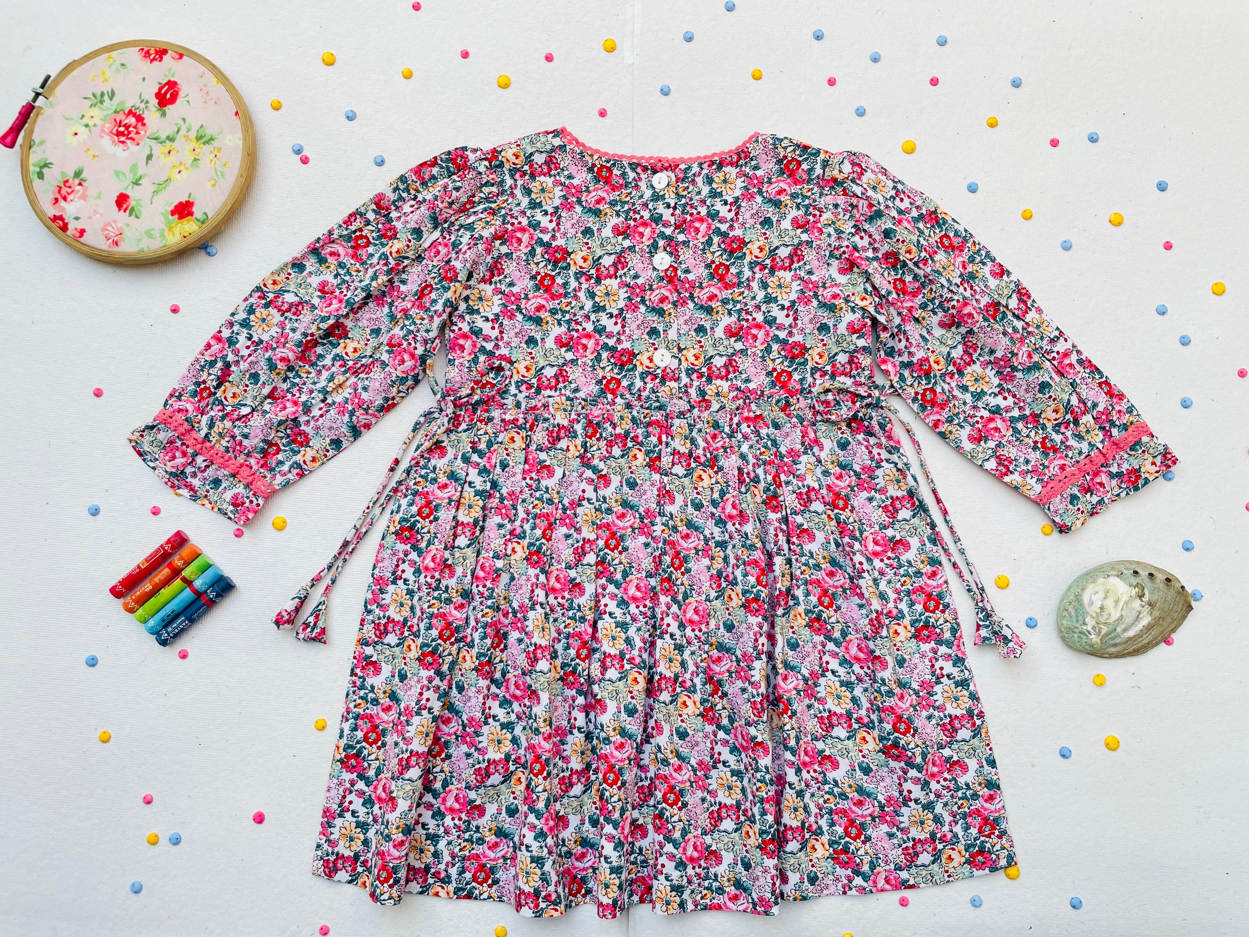 Long Sleeves Pink Bloom Overlap Girl's Cotton Dress