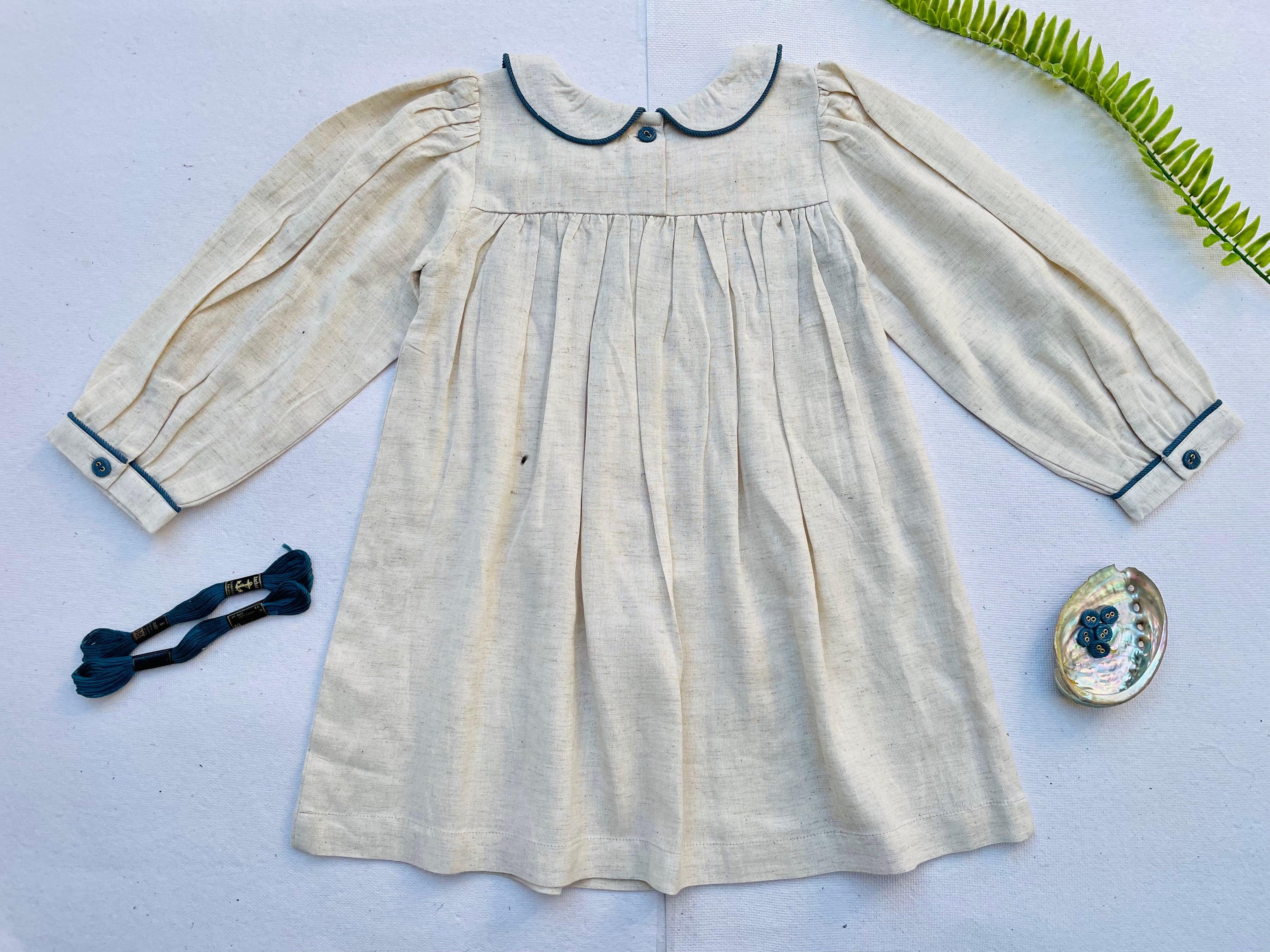 Natural Linen Blend Hand Smocked Girl's Dress
