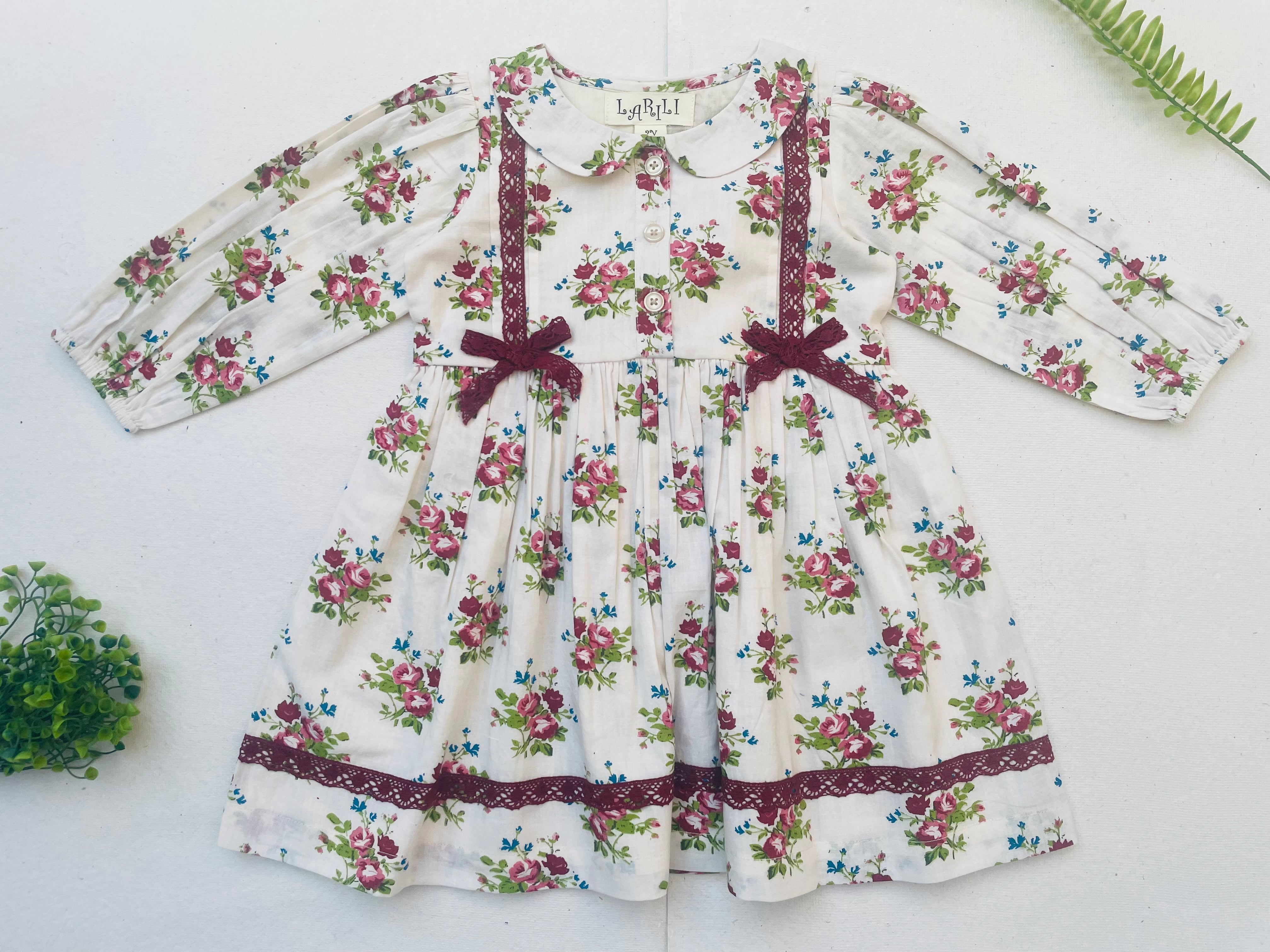 Bunch Floral Printed Girl's Cotton Dress With Crimson Lace