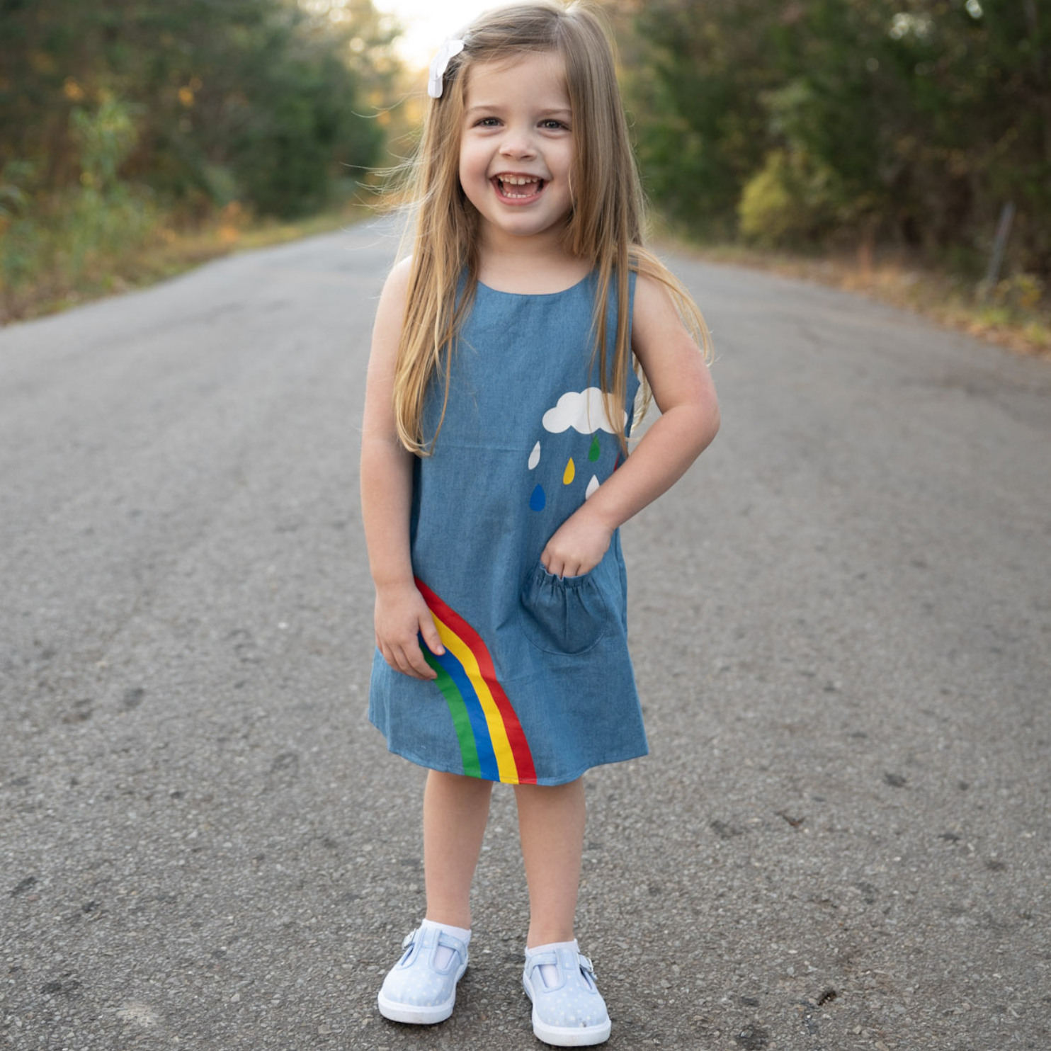 Al Limited Girls Blue Chambray Rainbow Overall Dress