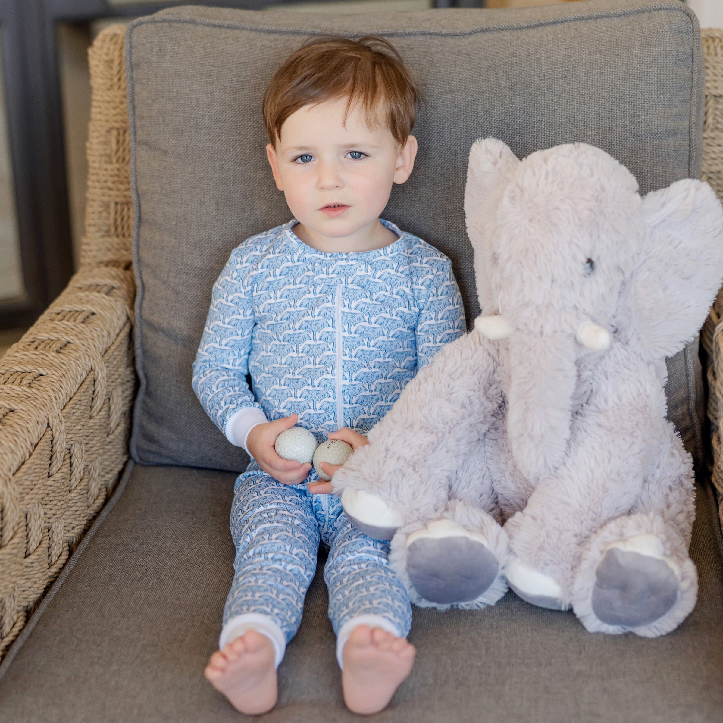 Parker Boys' Pima Cotton Zipper Pajama - African Elephants Blue