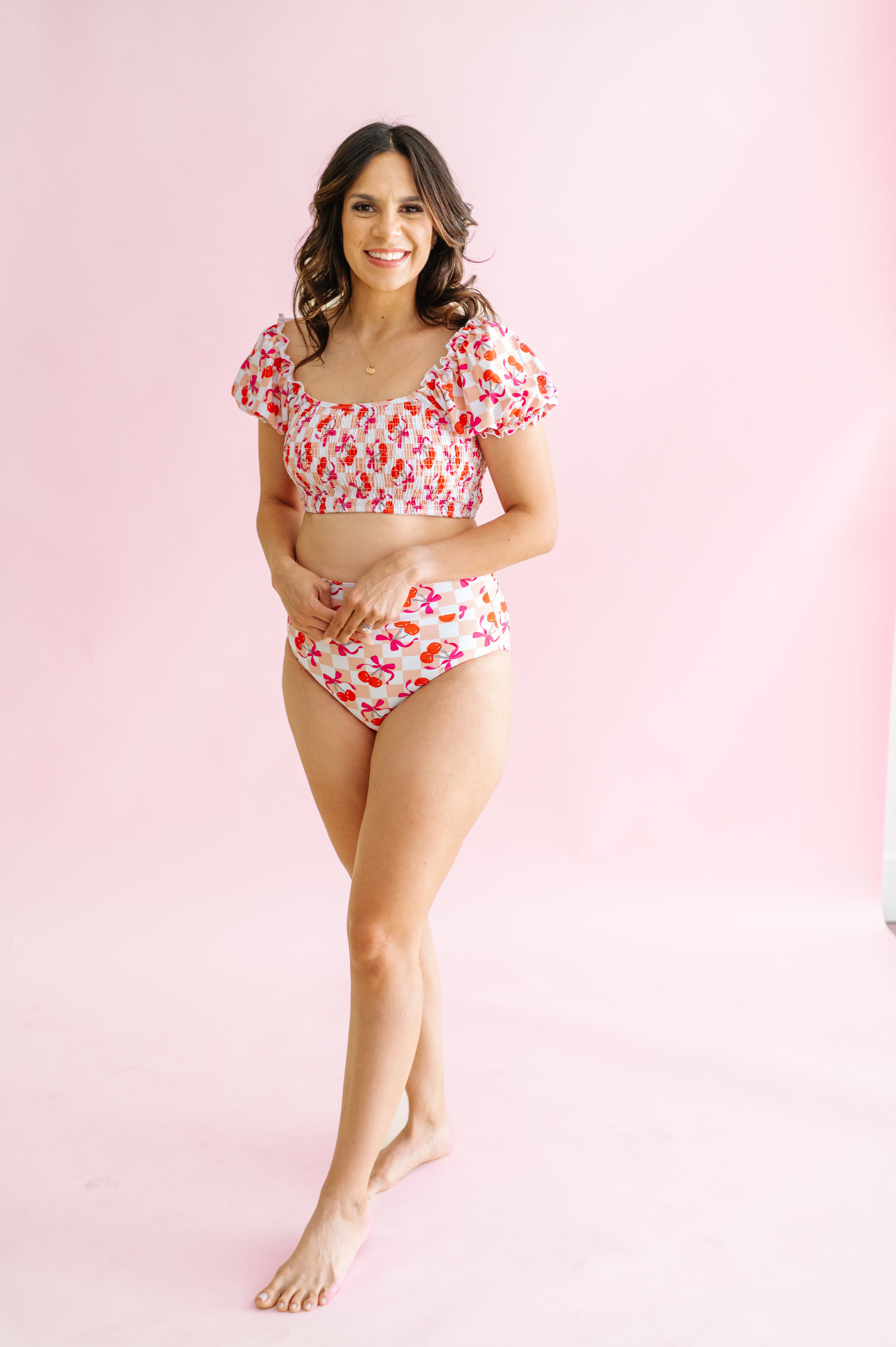 Cherry Sweet Checkers Dream Smocked Off The Shoulder Womens Swim Suit