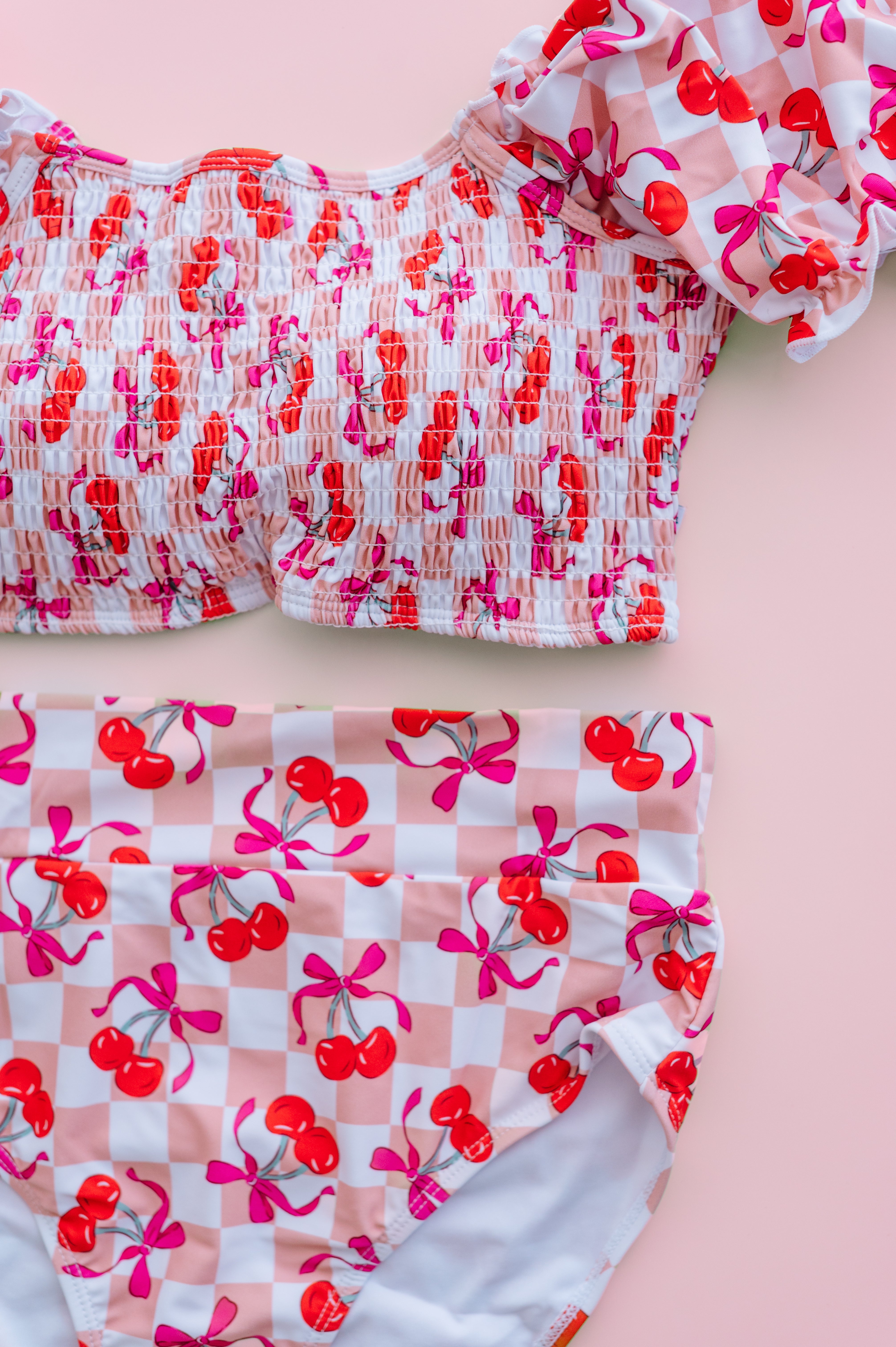 Cherry Sweet Checkers Dream Smocked Off The Shoulder Womens Swim Suit