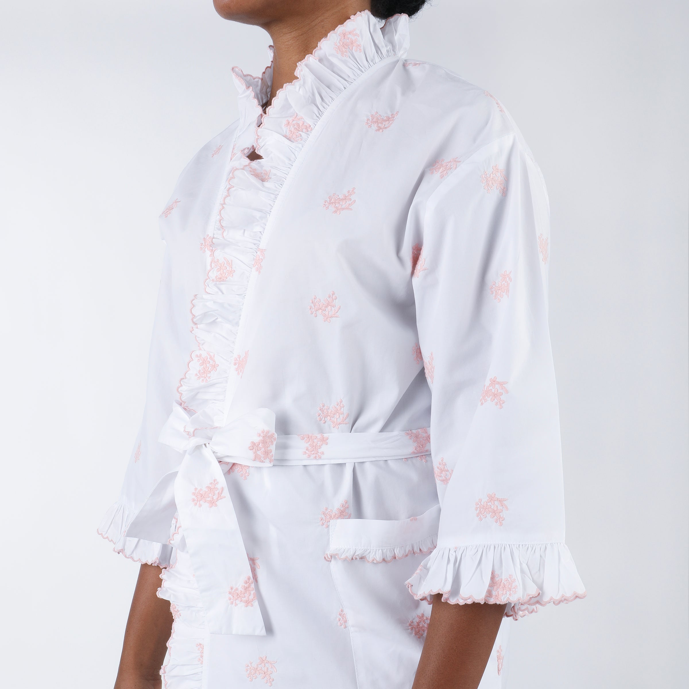 Nancy Cotton Ruffle Embroidered Robe