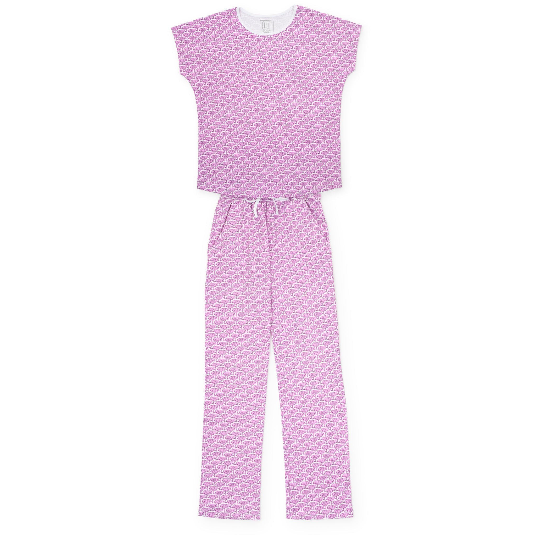 Marcia Women's Pima Cotton Pajama Pant Set African Elephants Pink