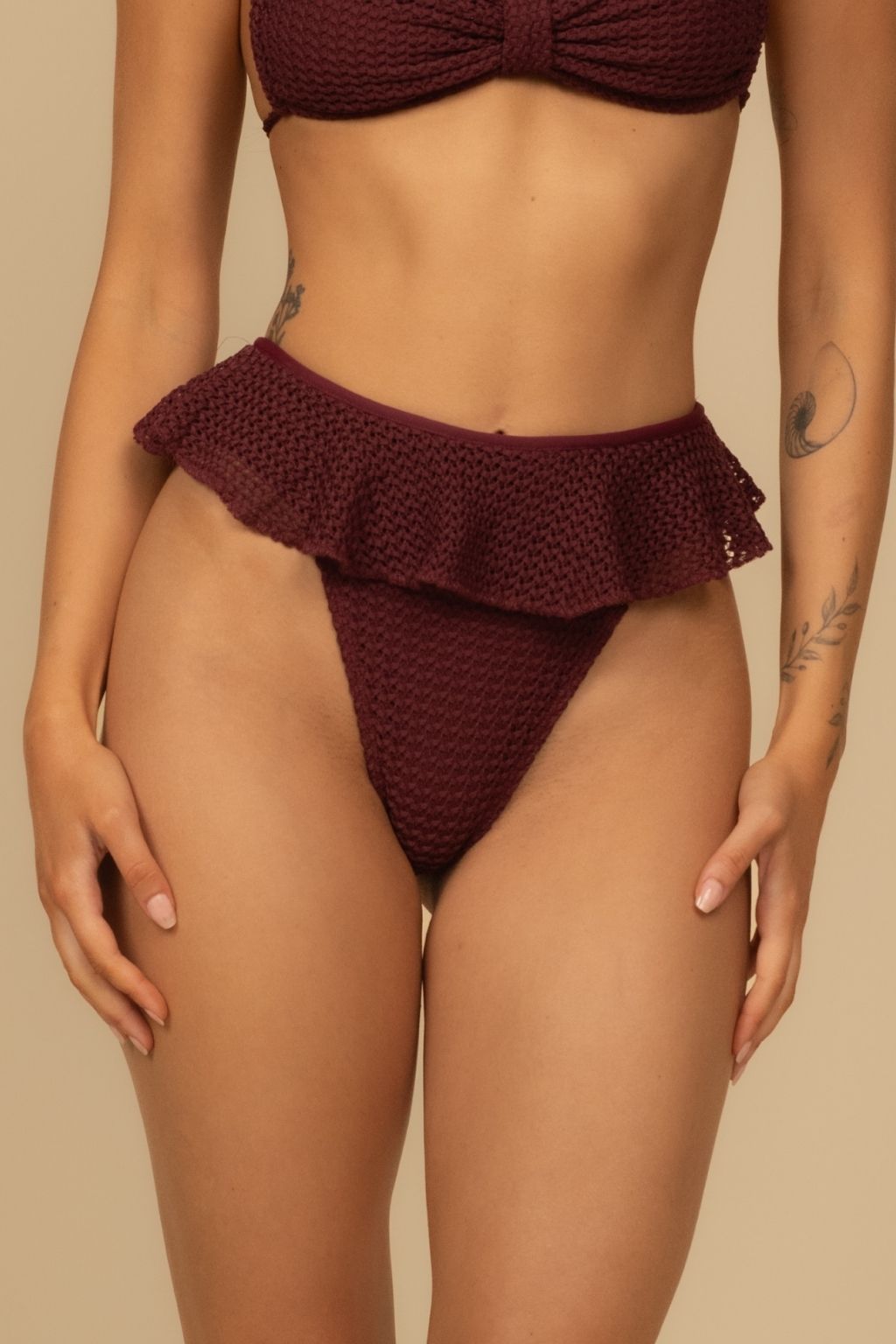 Maroon Crochet Tamarindo Ruffle Bikini Bottom
