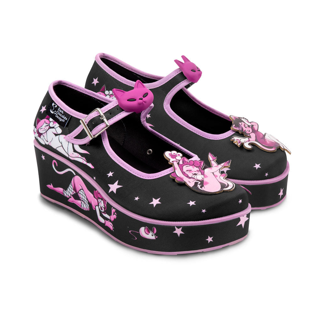Mary Jane Platform – Black Pink Cat Print – Hot Chocolate Design