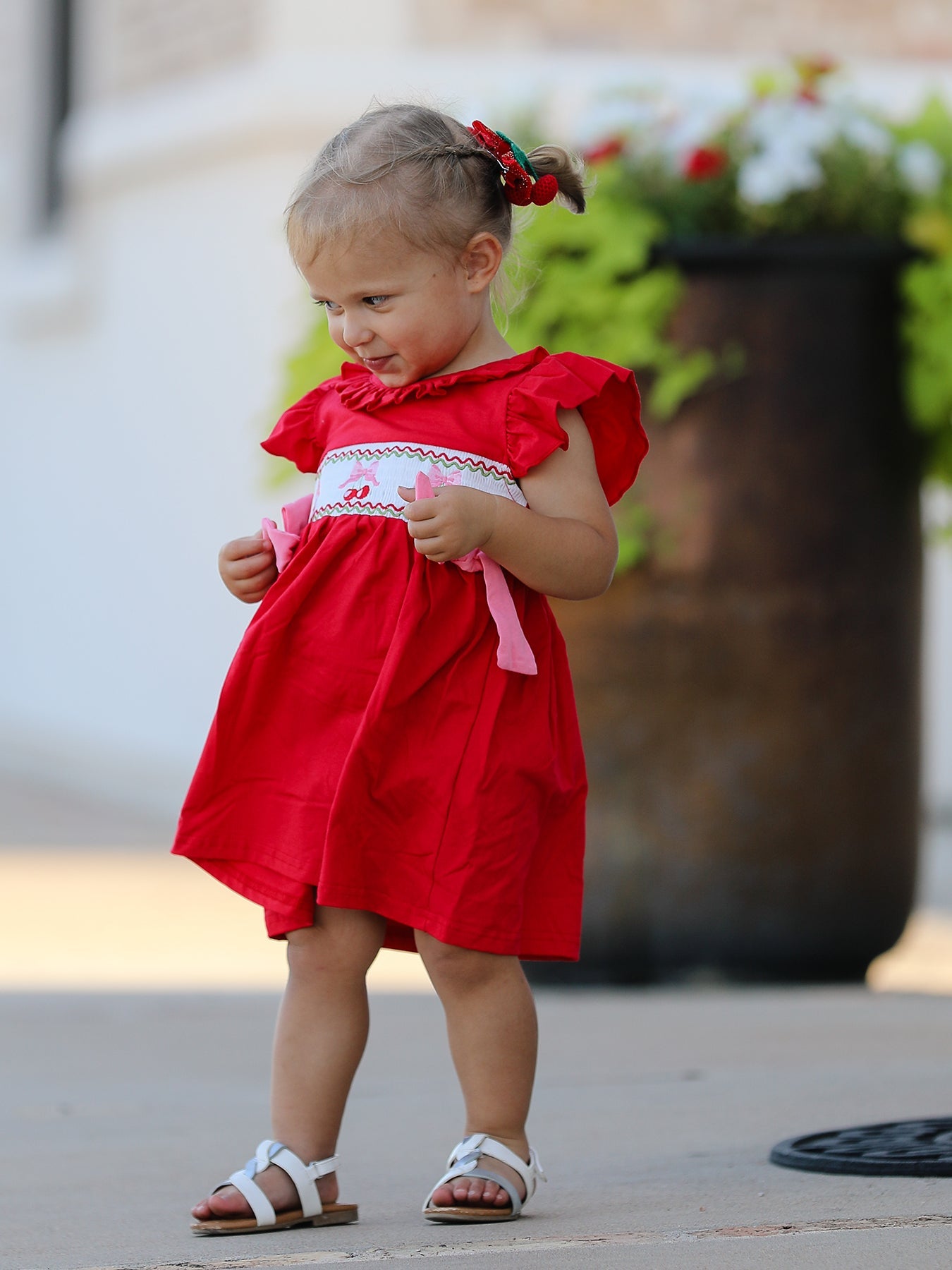 Red Cherry Bow Smocking Embroidery Girls' Dress