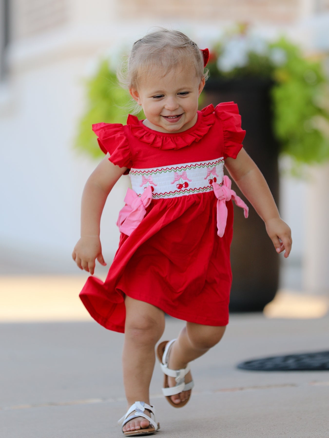 Red Cherry Bow Smocking Embroidery Girls' Dress