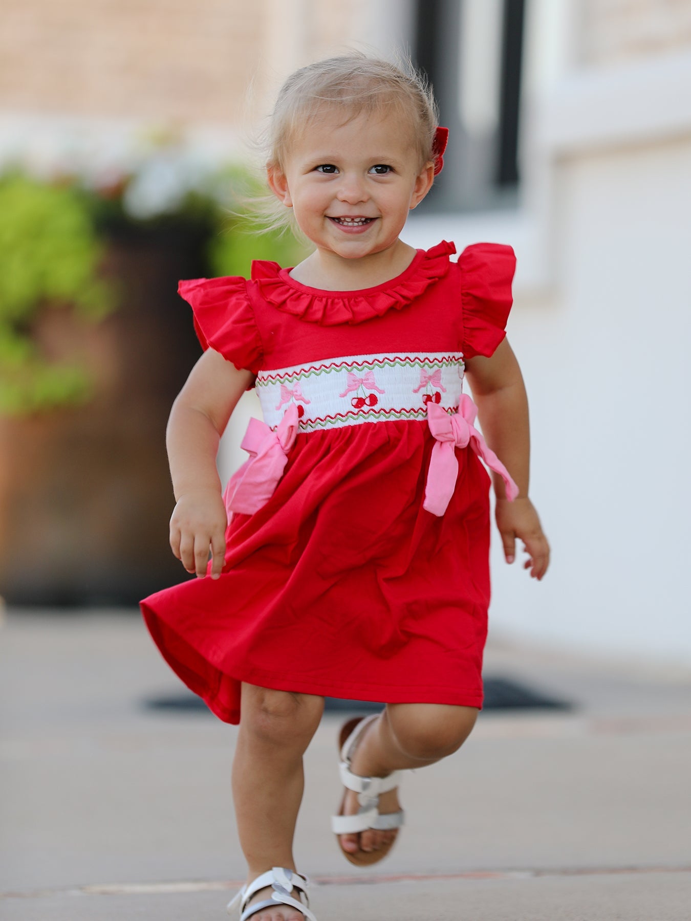 Red Cherry Bow Smocking Embroidery Girls' Dress
