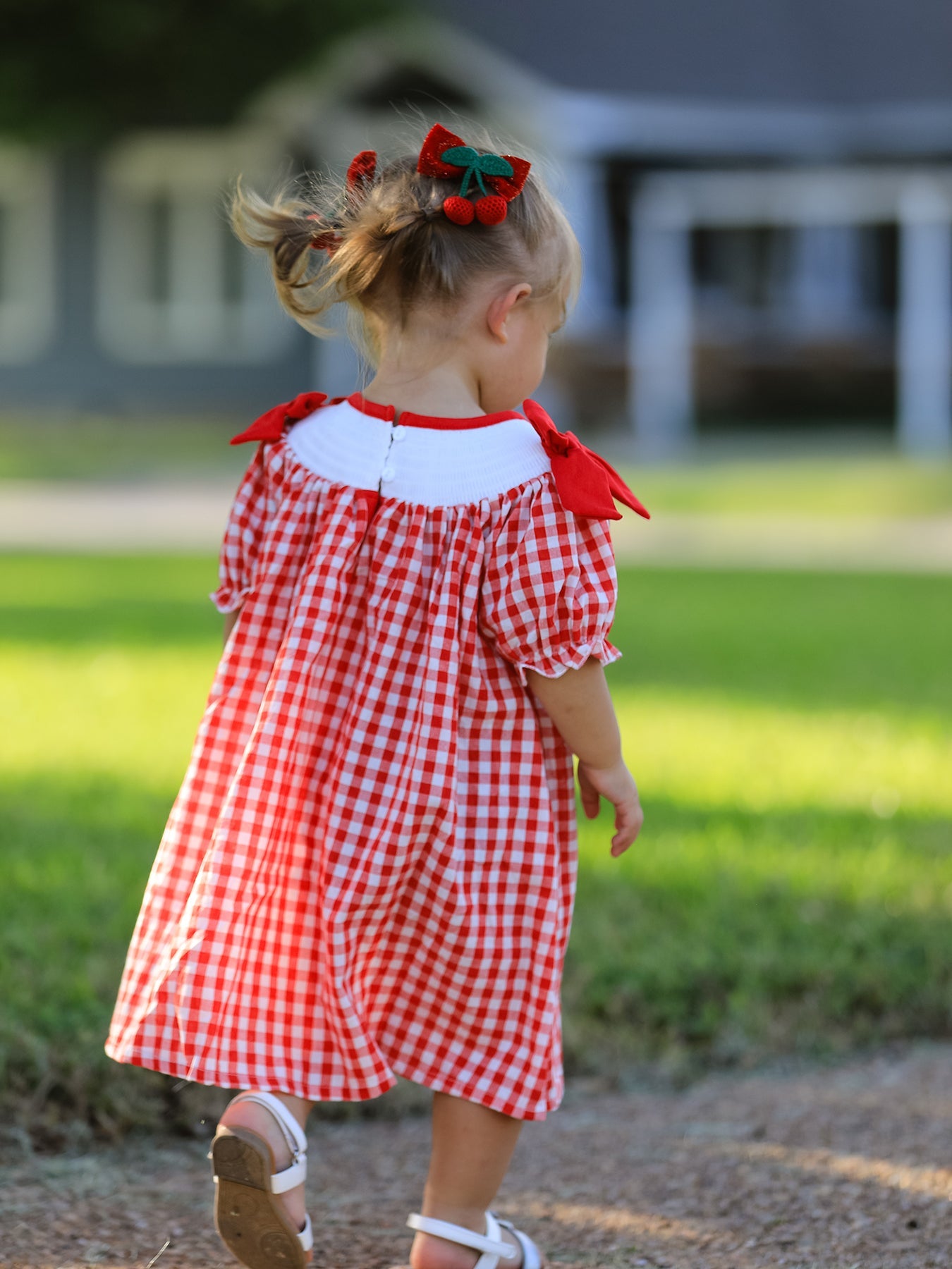Red Cherry Bow Plaid Smocking Embroidery Girls' Dress