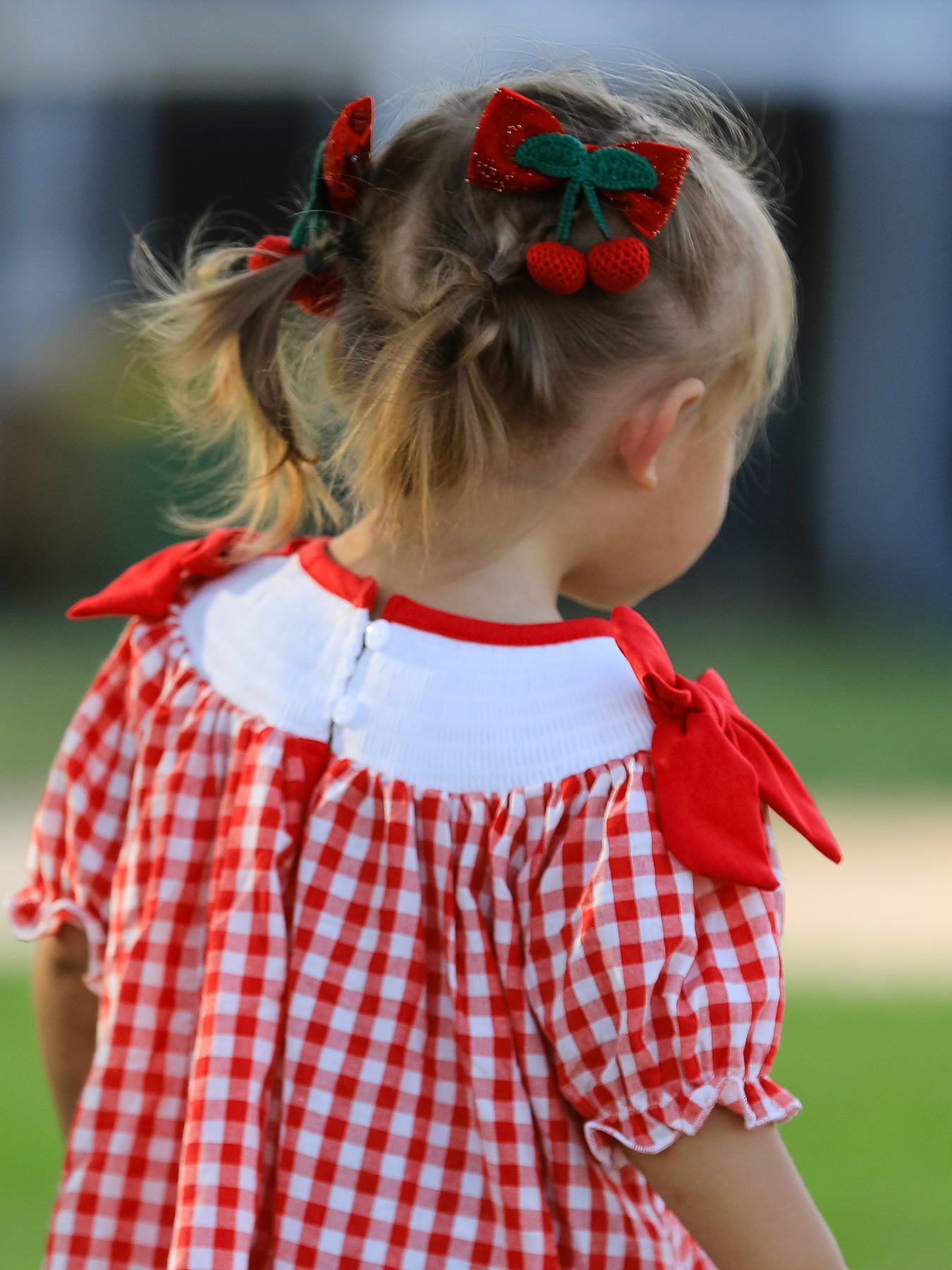 Red Cherry Bow Plaid Smocking Embroidery Girls' Dress