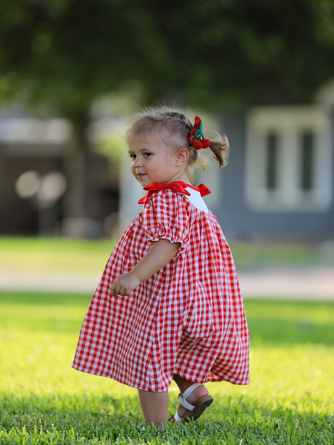 Red Cherry Bow Plaid Smocking Embroidery Girls' Dress