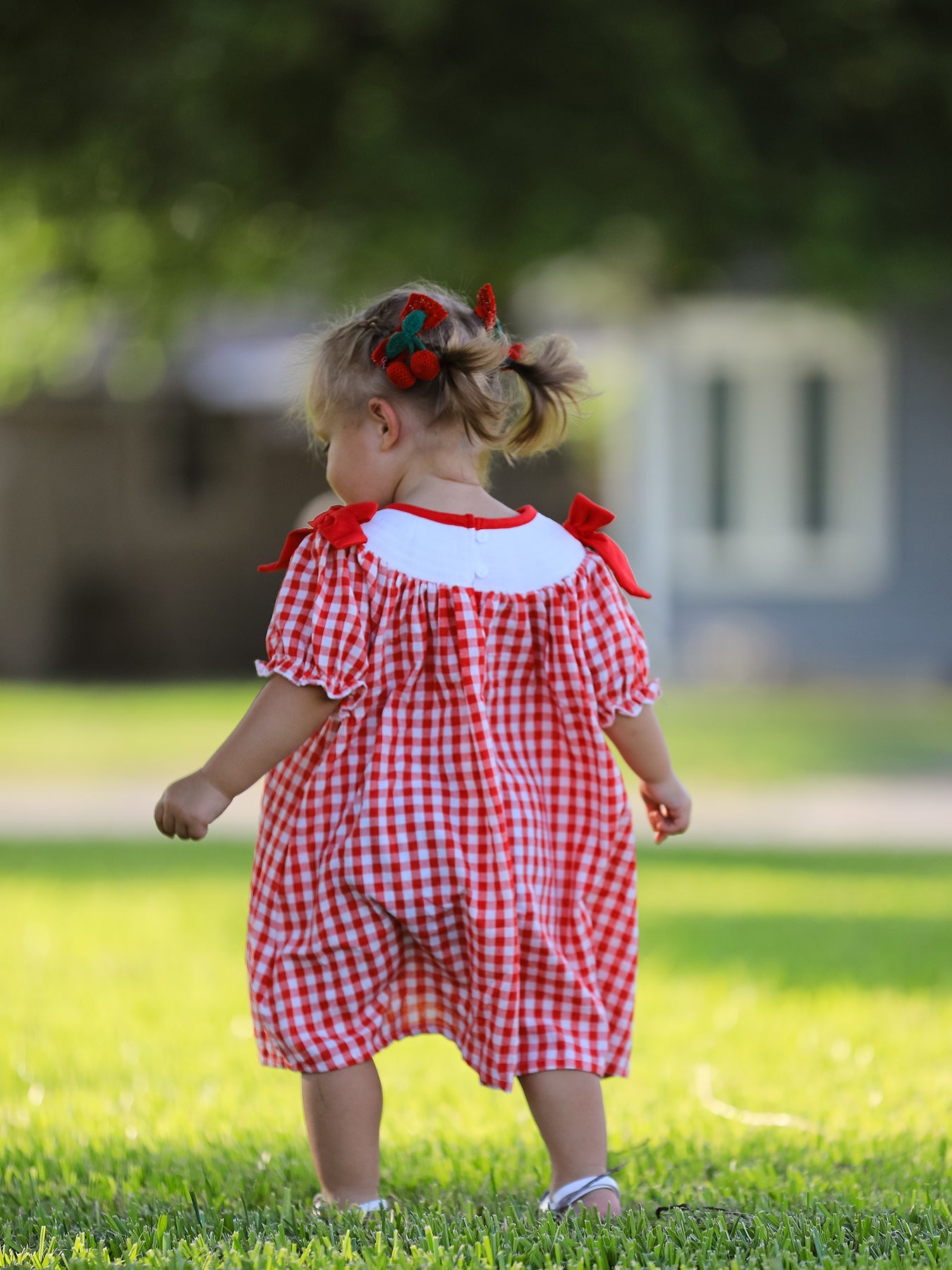 Red Cherry Bow Plaid Smocking Embroidery Girls' Dress