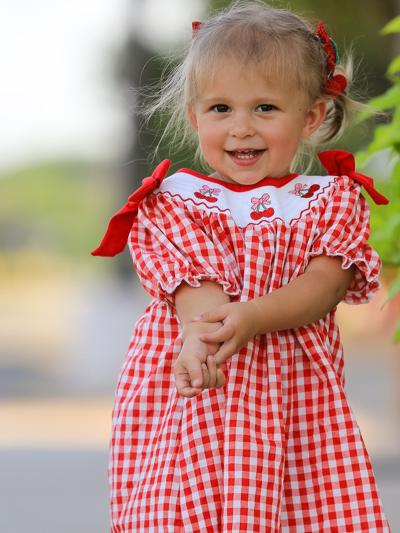 Red Cherry Bow Plaid Smocking Embroidery Girls' Dress