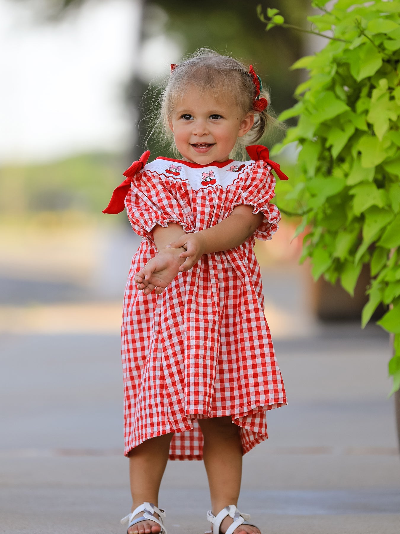 Red Cherry Bow Plaid Smocking Embroidery Girls' Dress