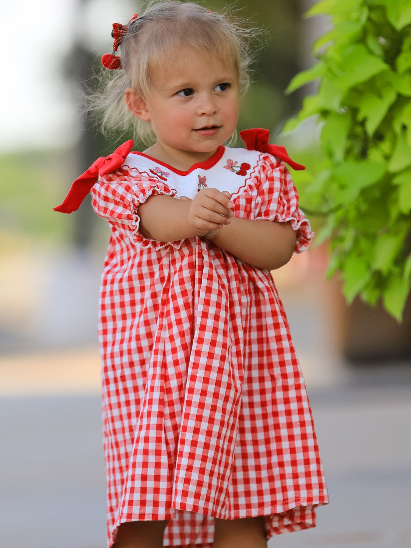 Red Cherry Bow Plaid Smocking Embroidery Girls' Dress