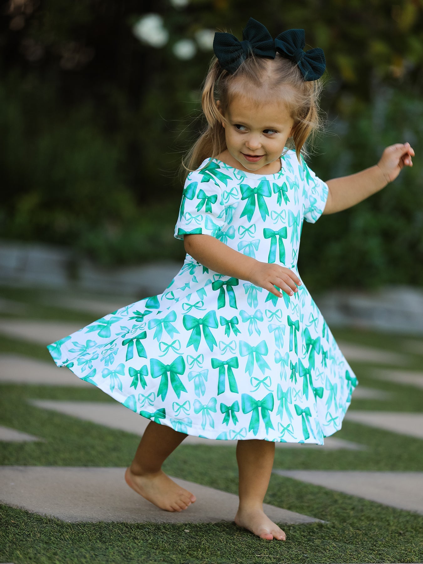 St. Patrick's Day Bow Print Short Sleeves Girls Dress