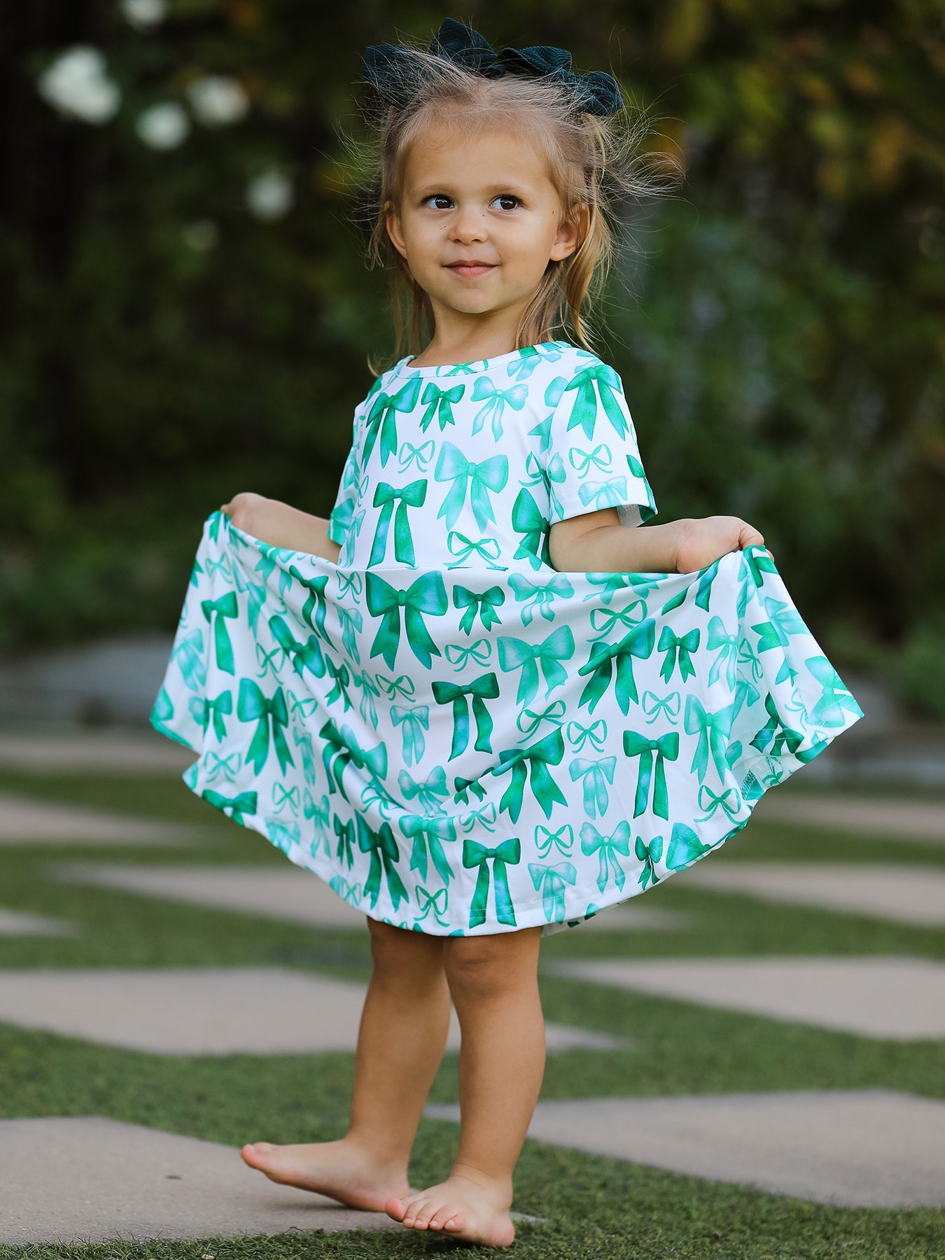 St. Patrick's Day Bow Print Short Sleeves Girls Dress