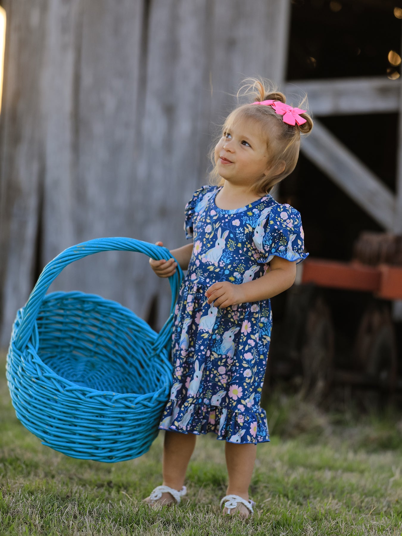 Teal Bunny Garden Ruffle Sleeve Girls Dress