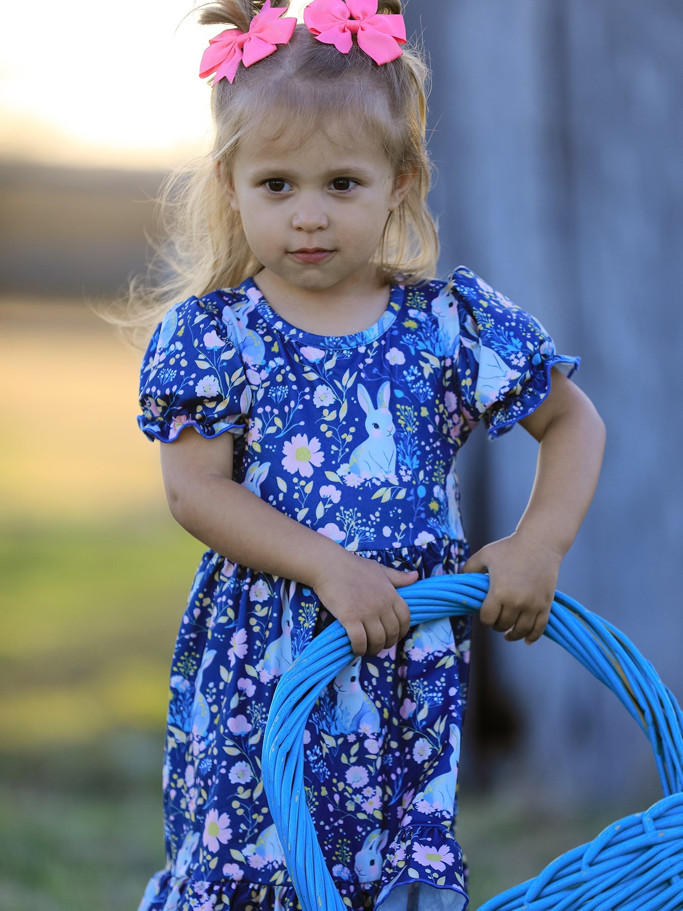 Teal Bunny Garden Ruffle Sleeve Girls Dress