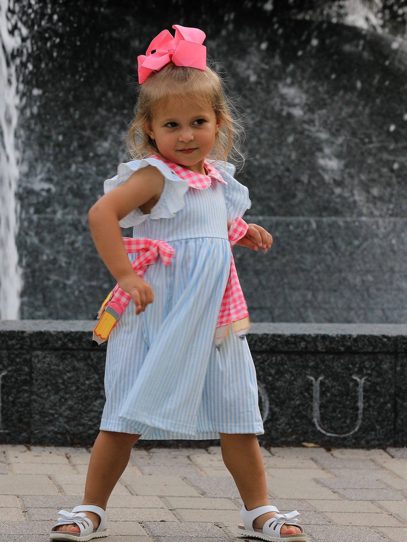 Back To School Girls Striped Lapels Bow Dress