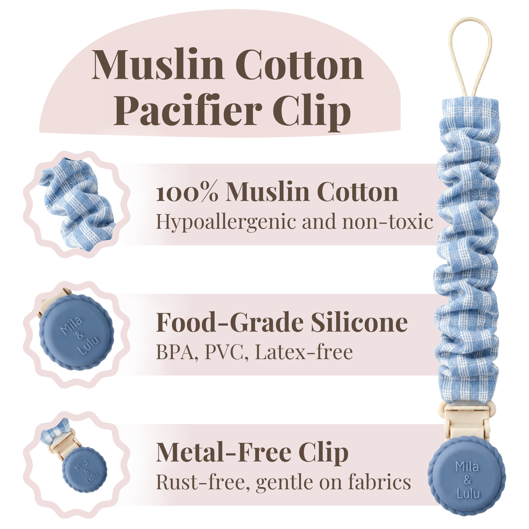 Metal-free Muslin Cotton And Silicone Pacifier Clips