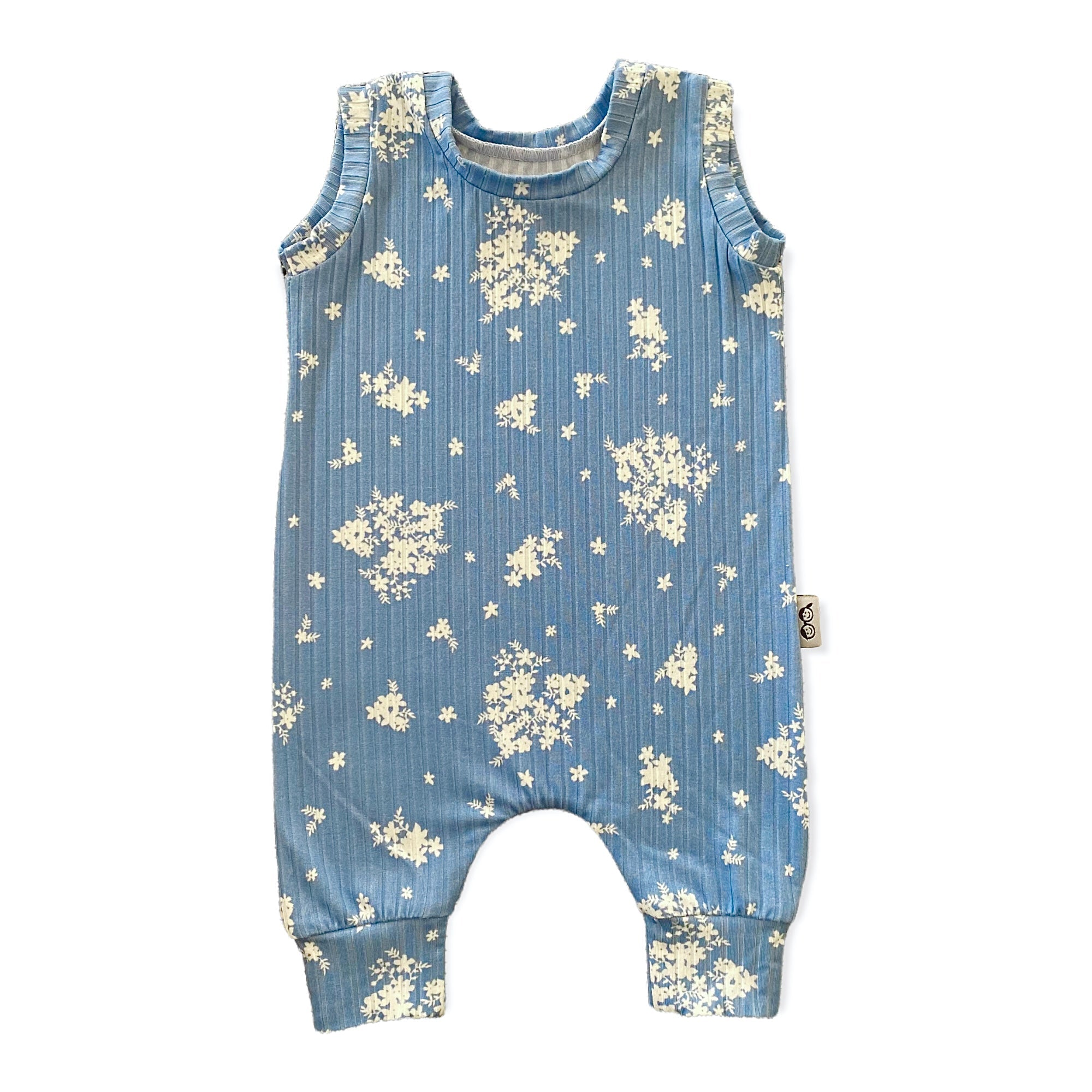 Minimal Floral Blue Ribbed Harem Romper