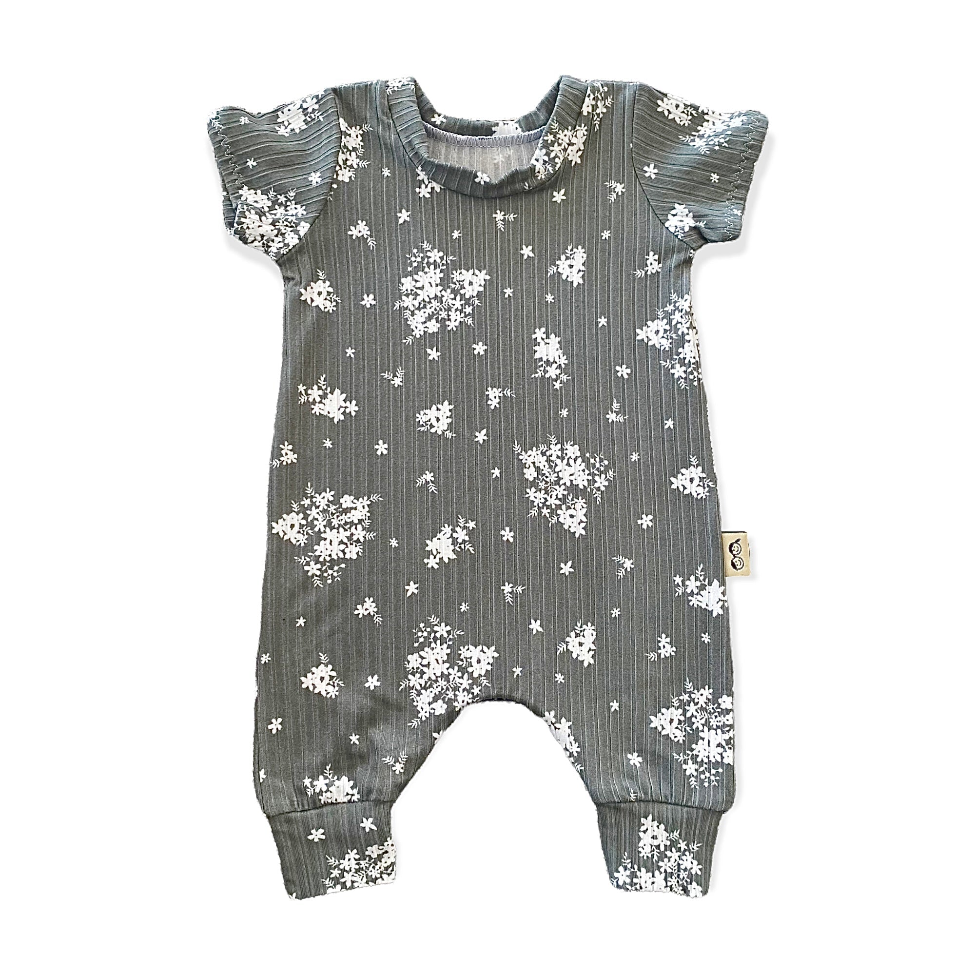 Minimal Floral Olive Ribbed Harem Romper