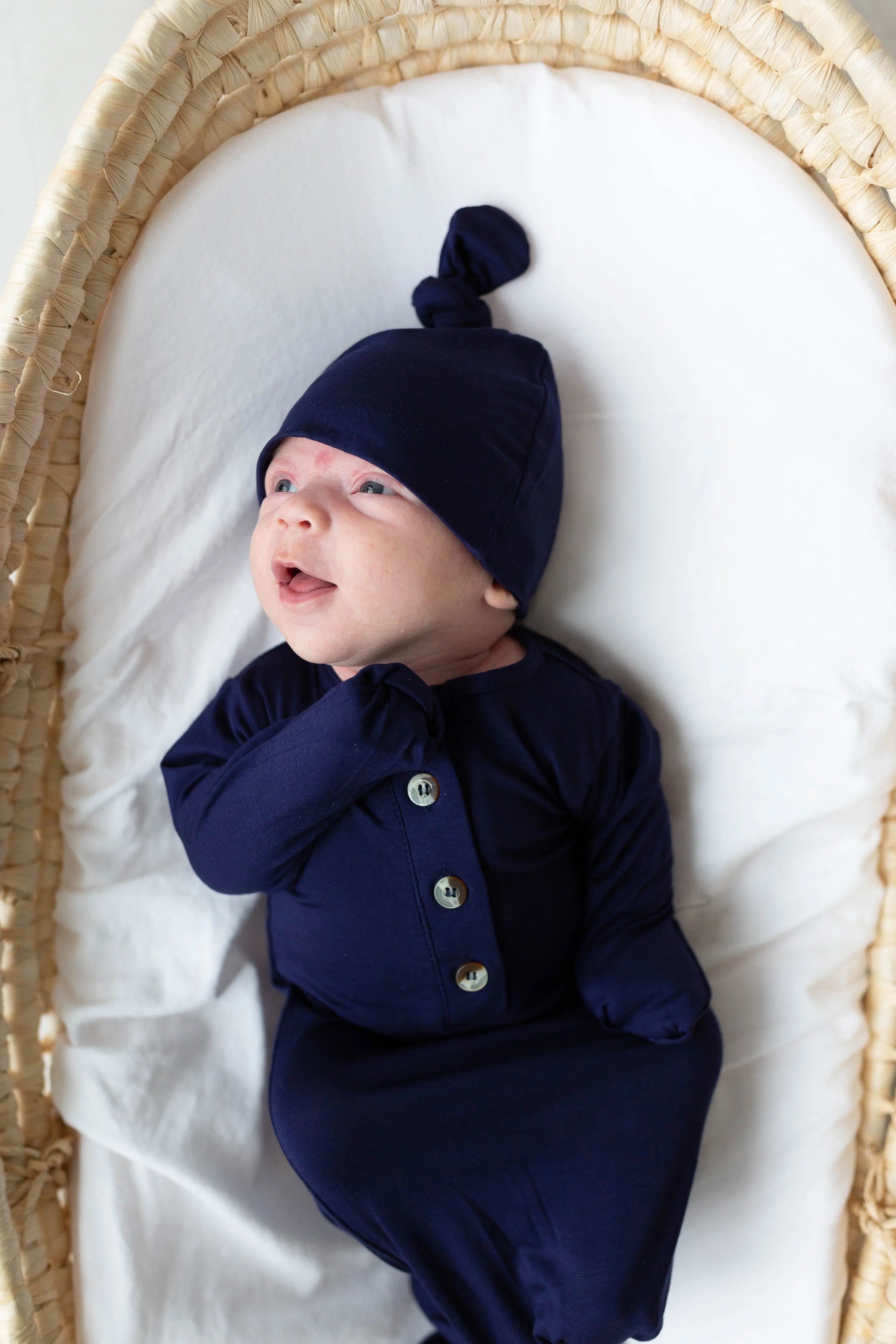 Knotted Baby Gown And Hat Set - Navy Blue (newborn-3 Months)
