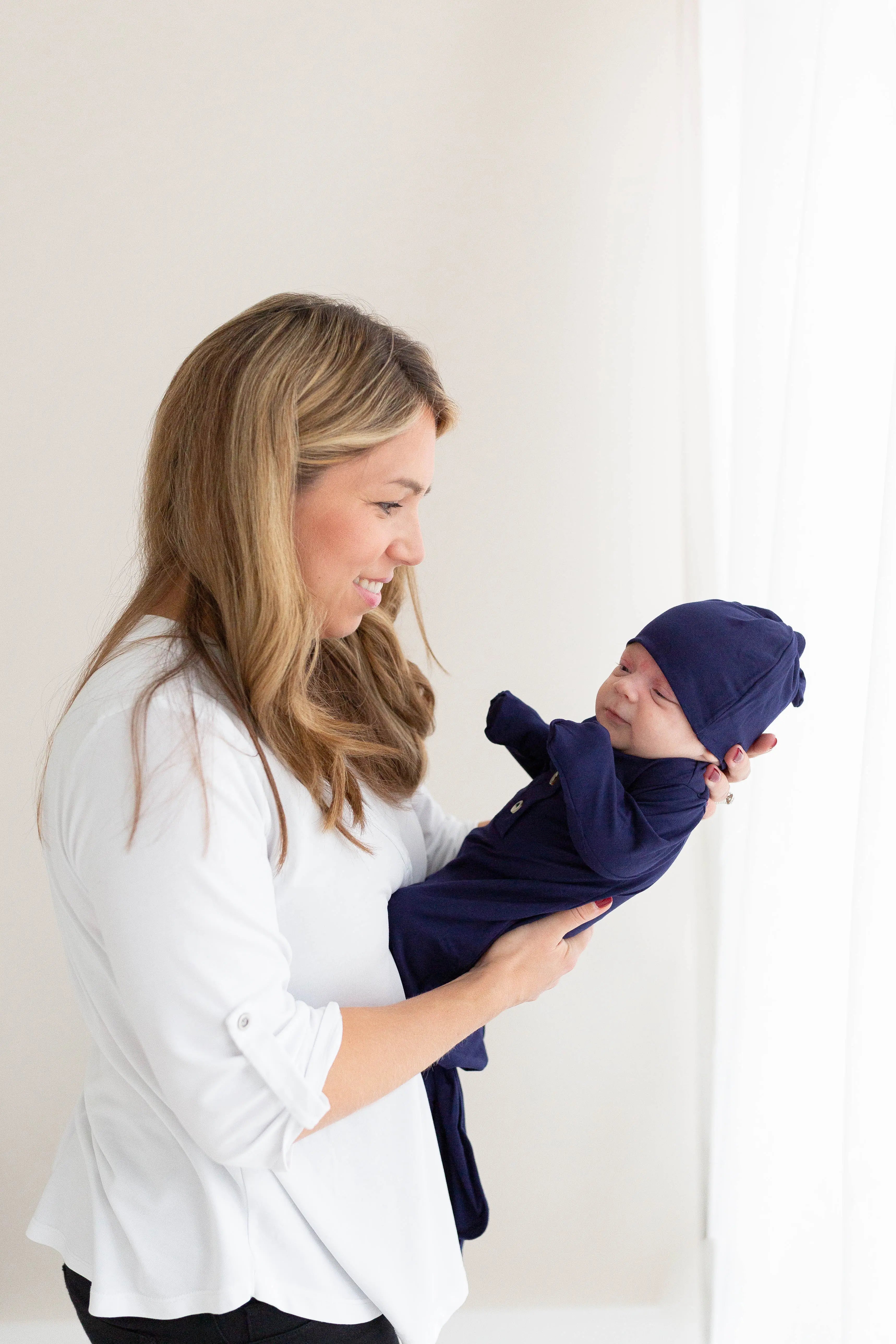 Knotted Baby Gown And Hat Set - Navy Blue (newborn-3 Months)
