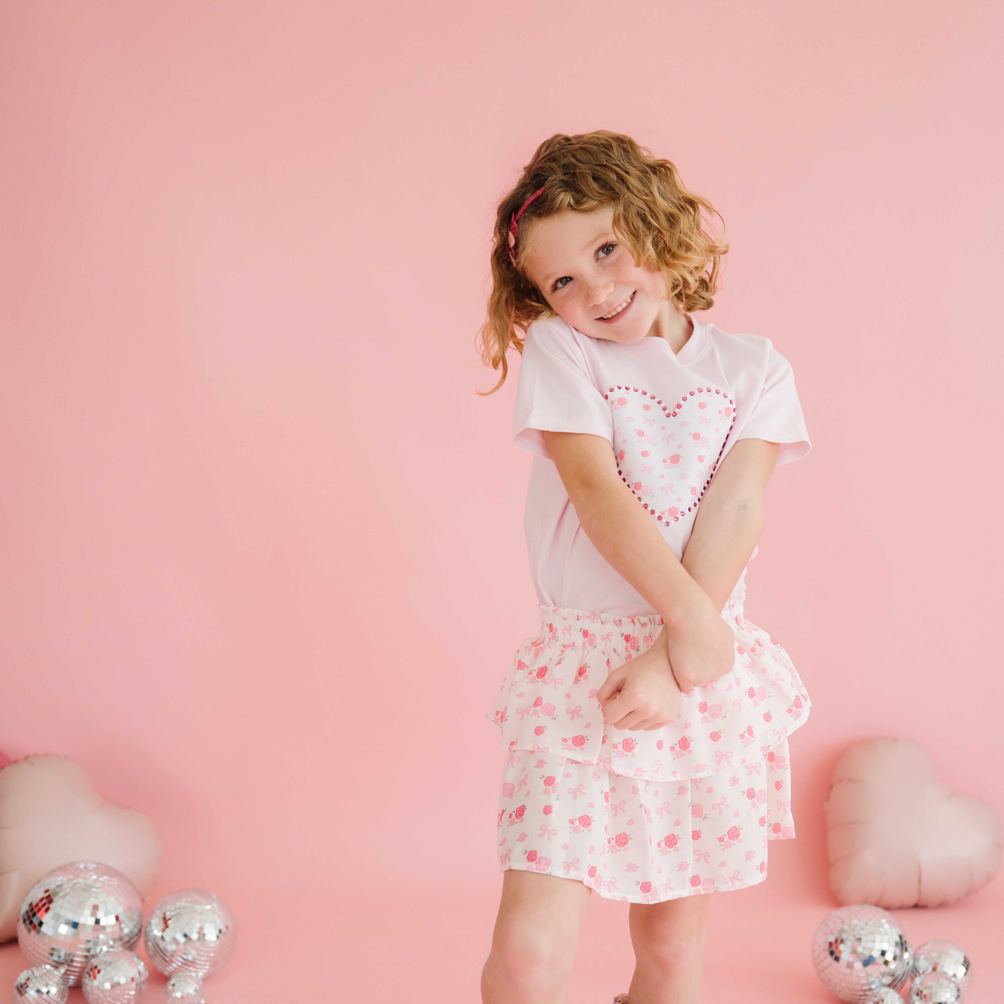 Dainty Rose Pearl Heart Patch Short Sleeve T-shirt