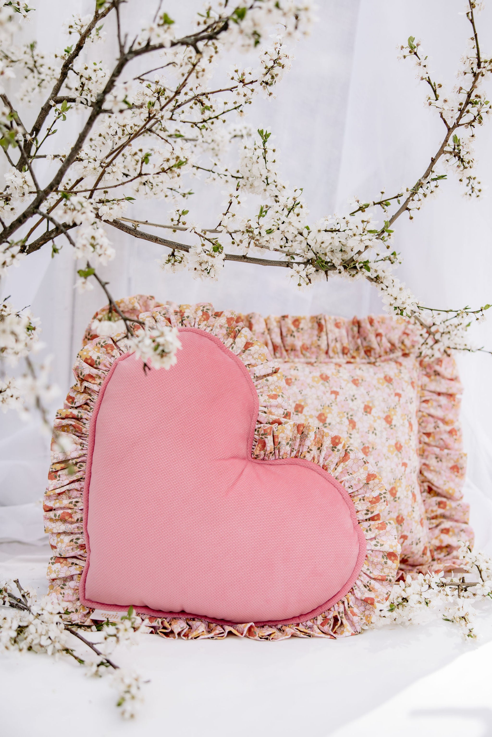 "spring Garden" Heart Pillow With Checkered Frill