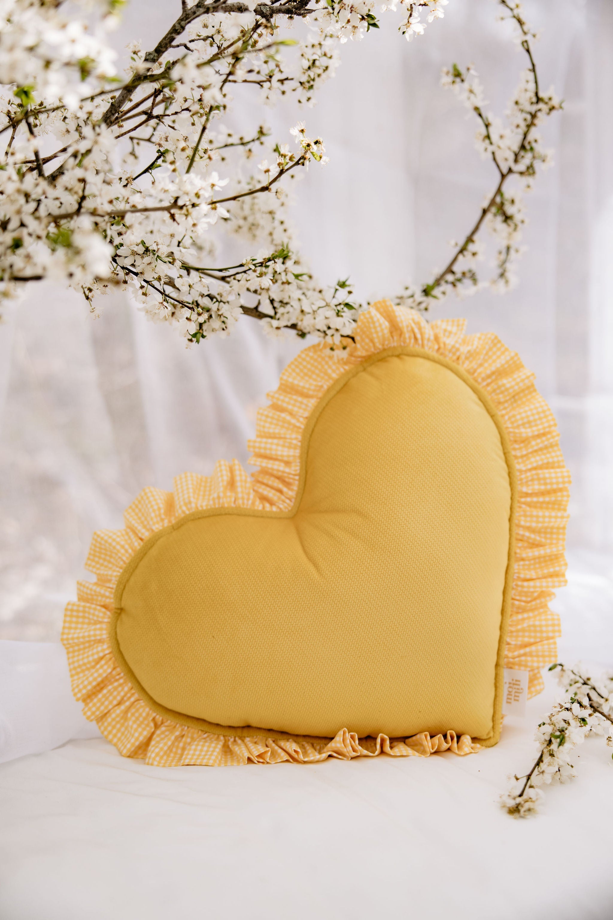 "butter Yellow" Heart Pillow With Checkered Frill