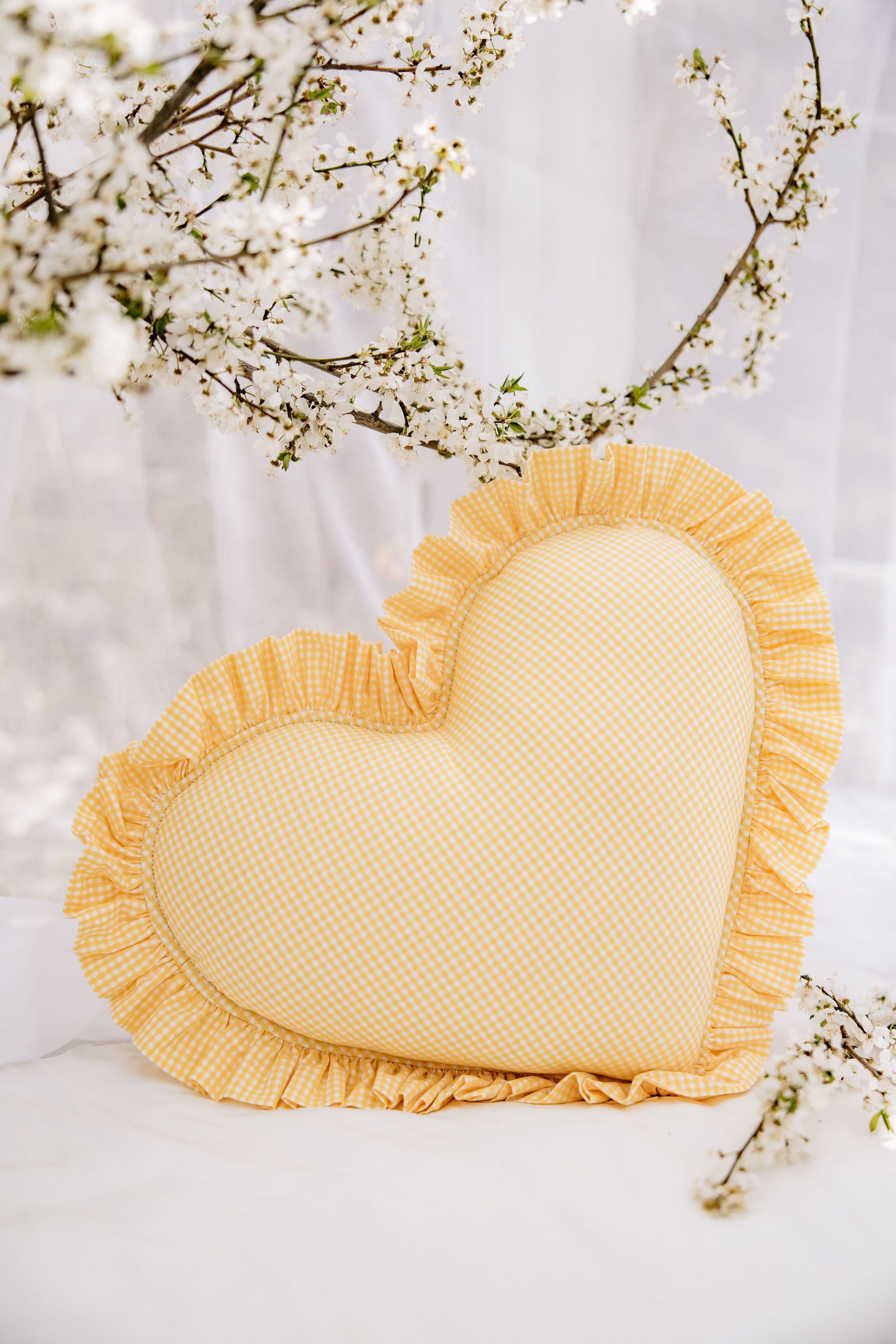 "butter Yellow" Heart Pillow With Checkered Frill