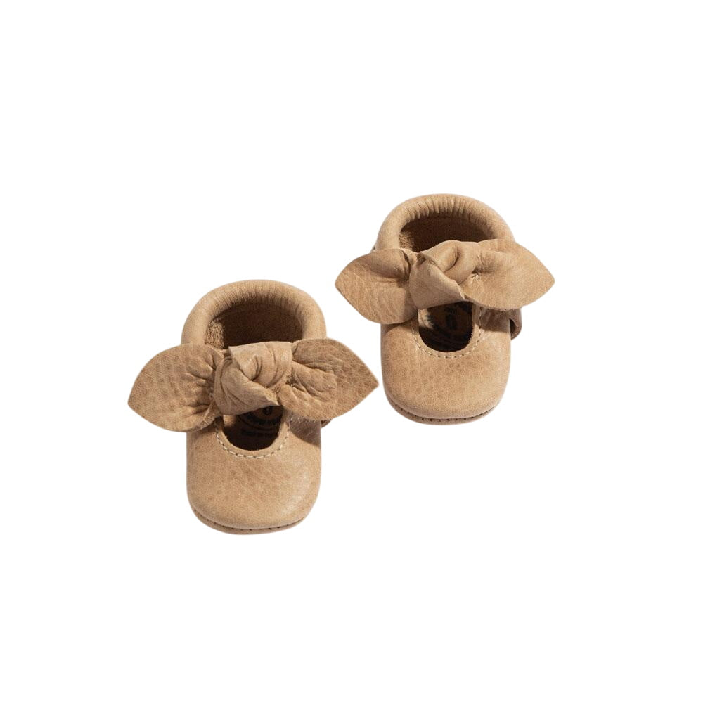 Newborn Weathered Brown Knotted Bow Baby Shoe