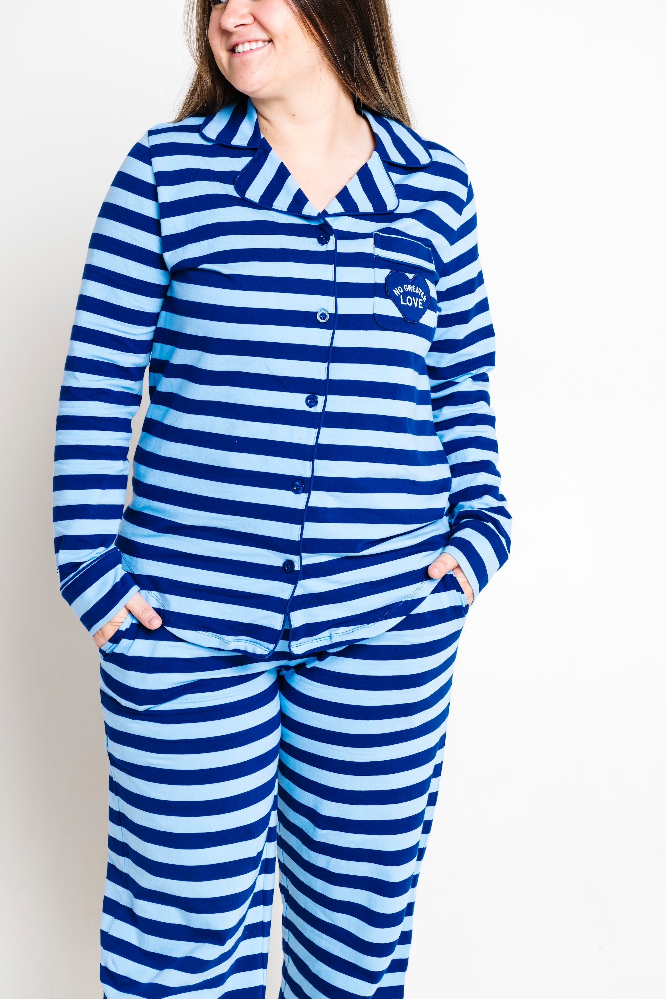 No Greater Love Blue Womens Pj Notch Collar Set Cotton