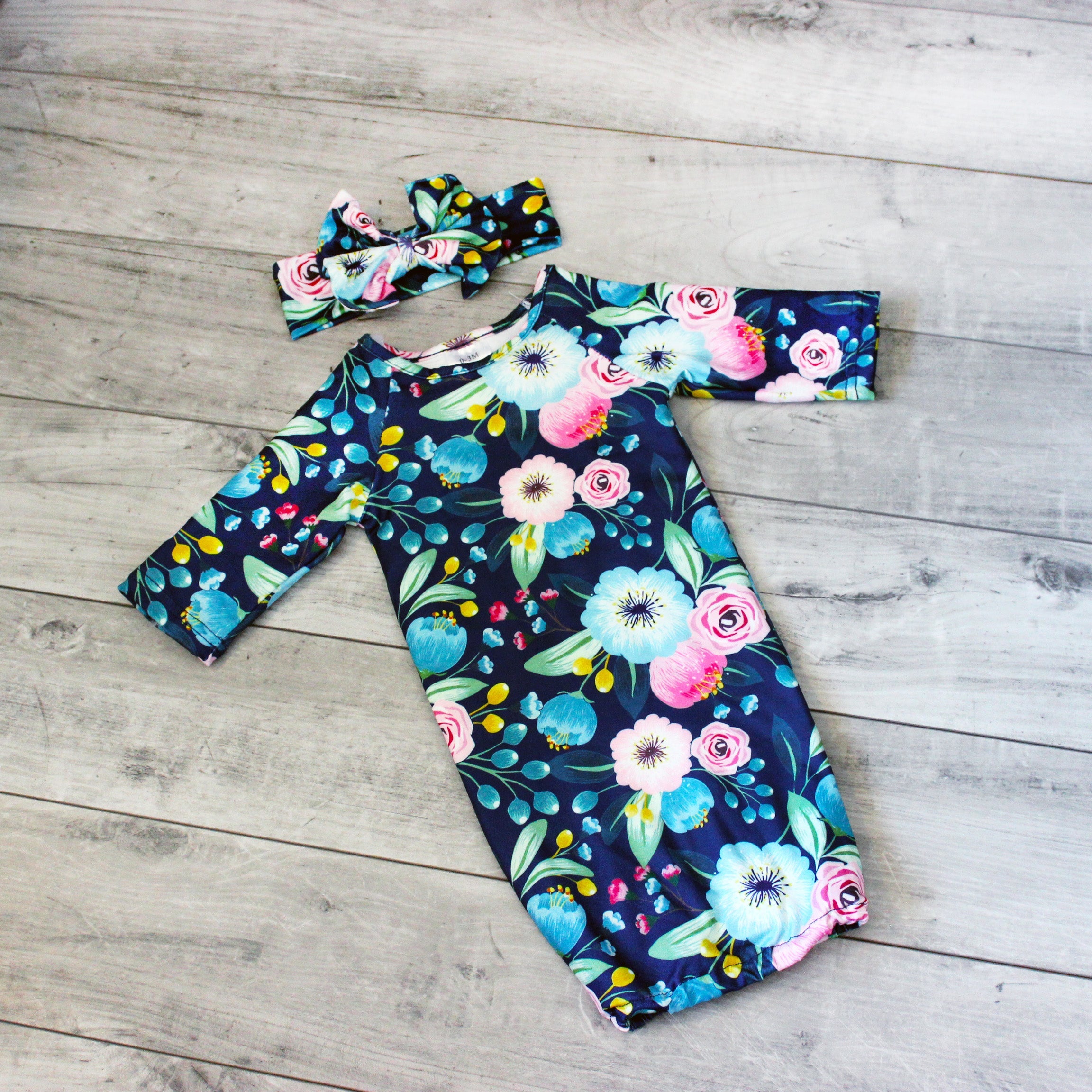 Navy Floral Baby Gown And Bow Headband