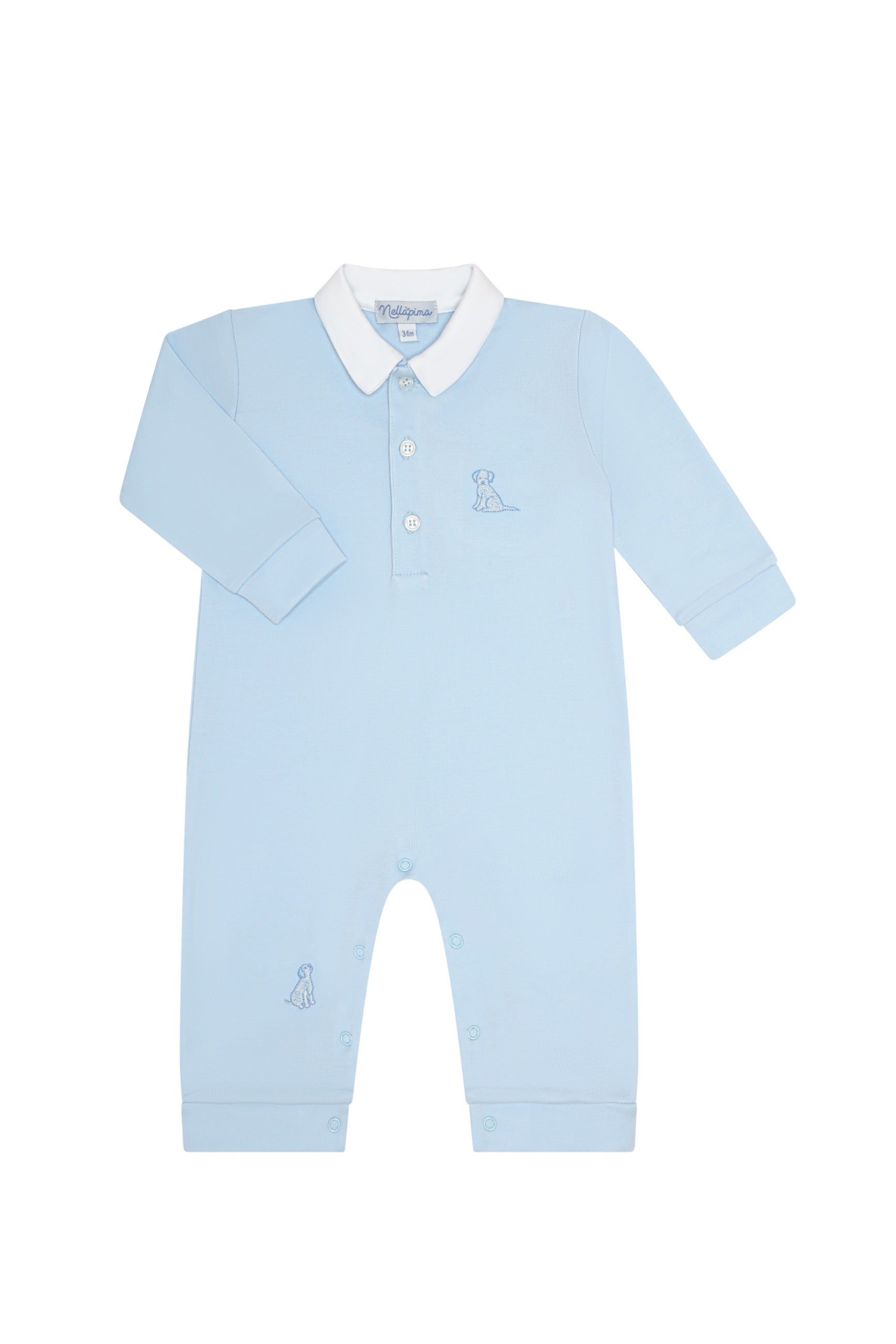 Blue Puppy Love Embroidery Romper Ls