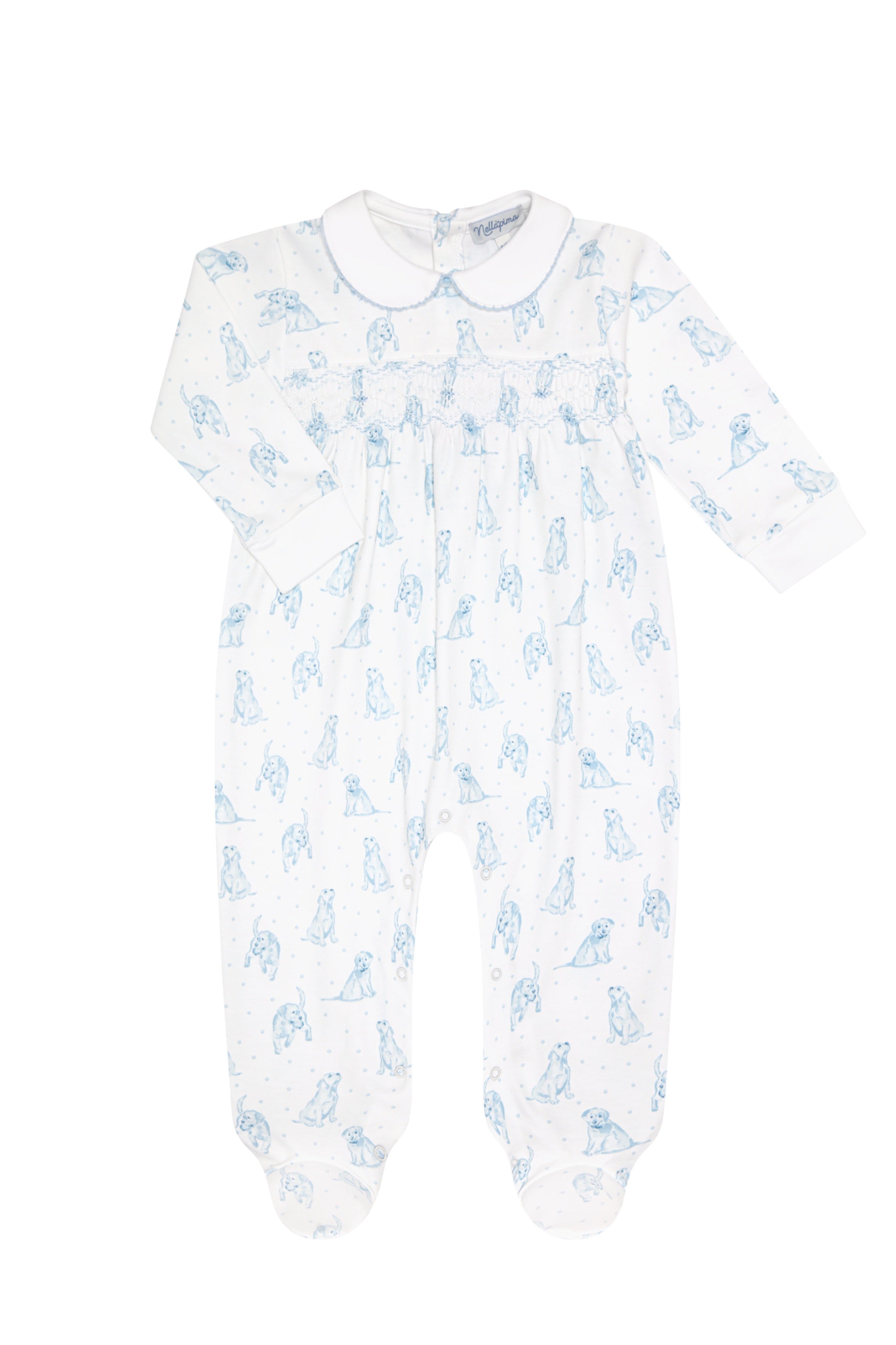 Blue Puppy Love Print Smocked Footie