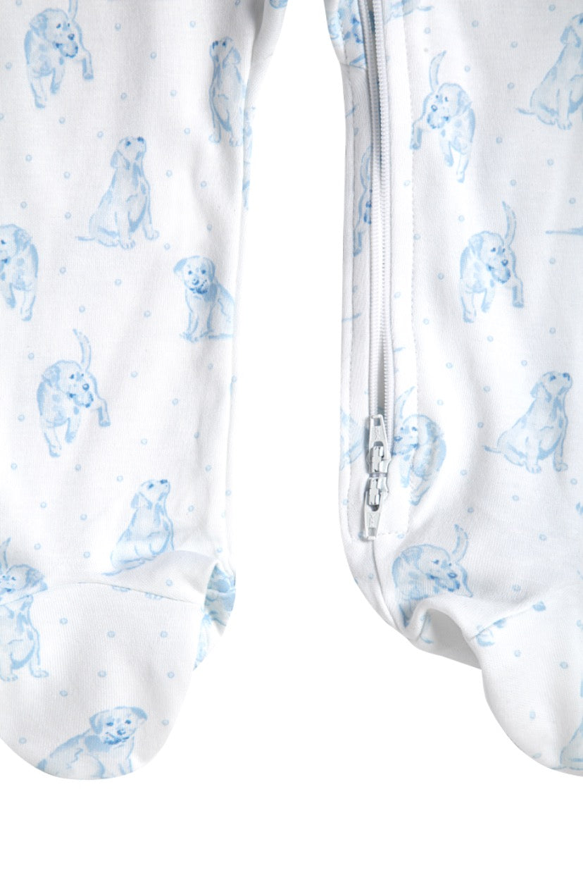 Blue Puppy Love Print Zipper Footie