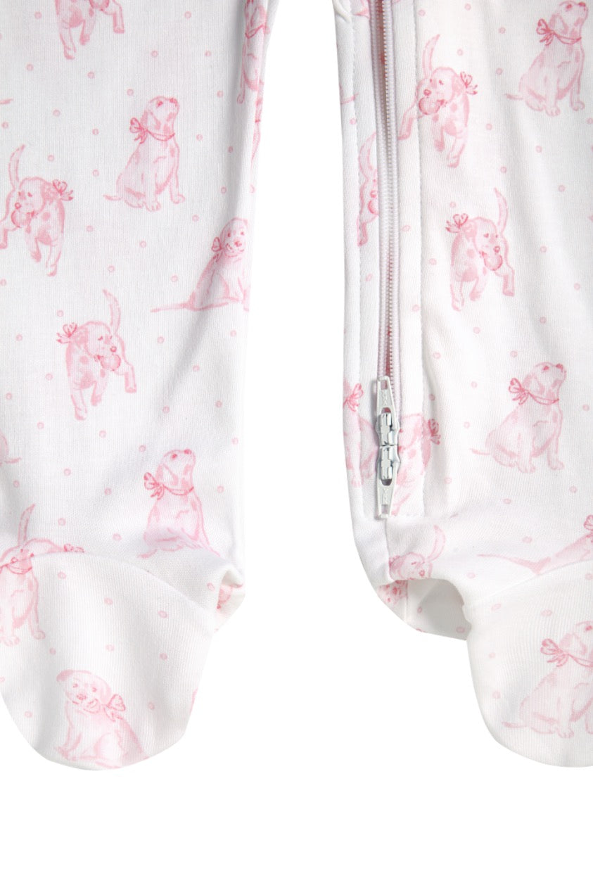 Pink Puppy Love Print Zipper Footie