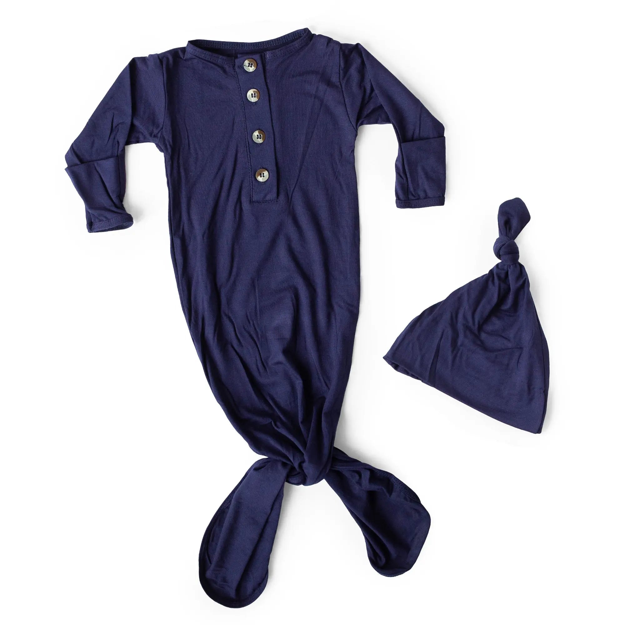 Knotted Baby Gown And Hat Set - Navy Blue (newborn-3 Months)