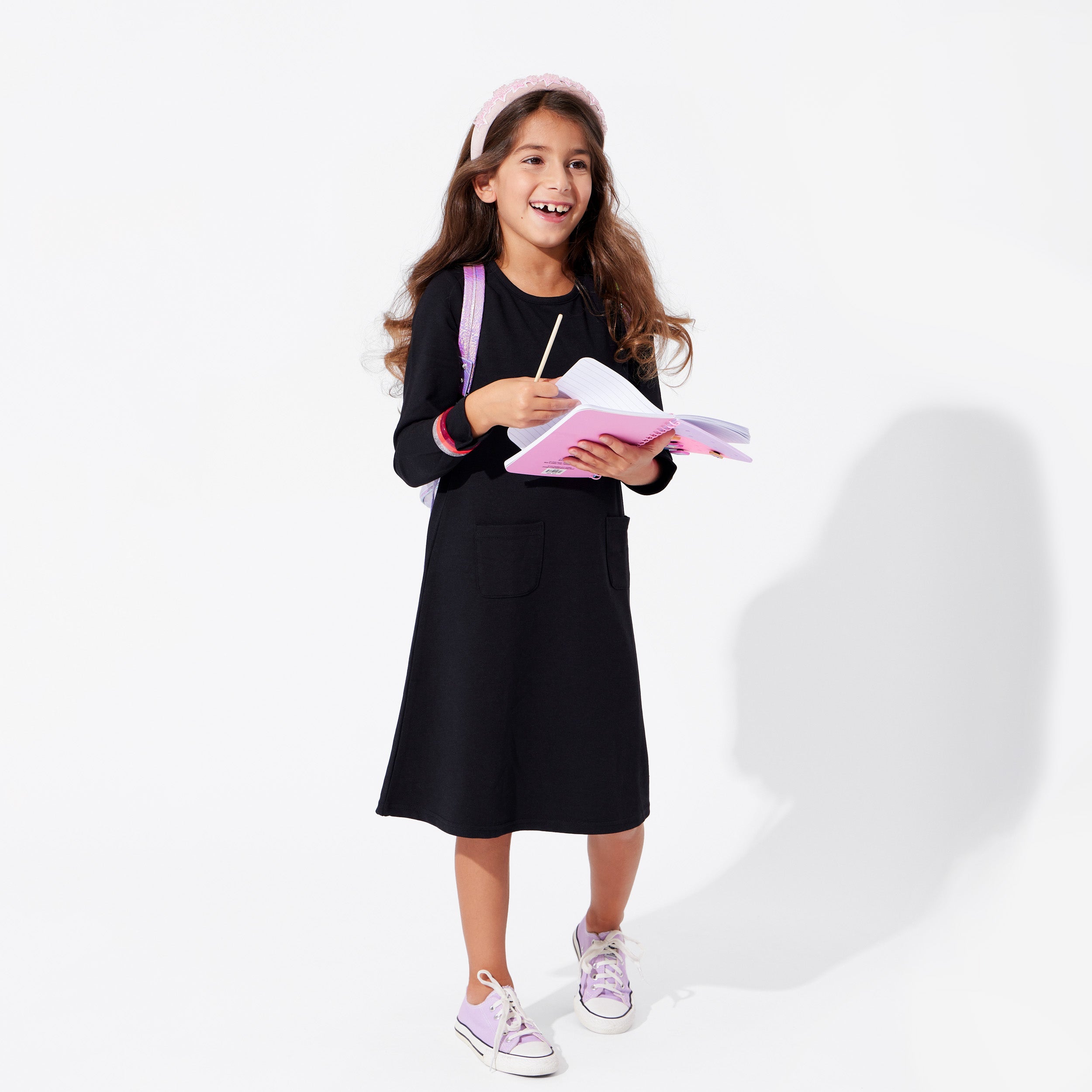 Obsidian Black Bamboo Terry Daywear Girls' Long Sleeve Dress