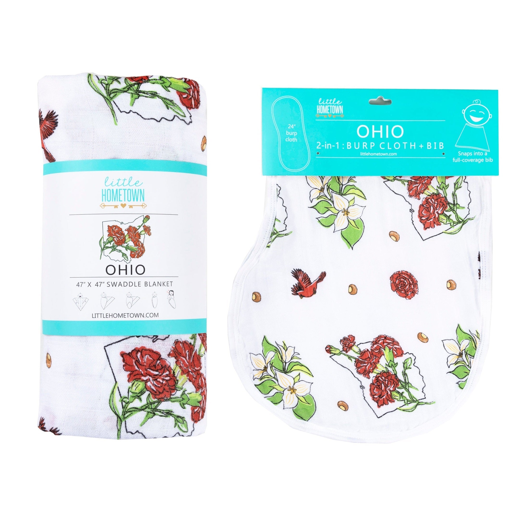 Gift Set: Ohio Baby Muslin Swaddle Receiving Blanket (floral) And Burp/bib Combo