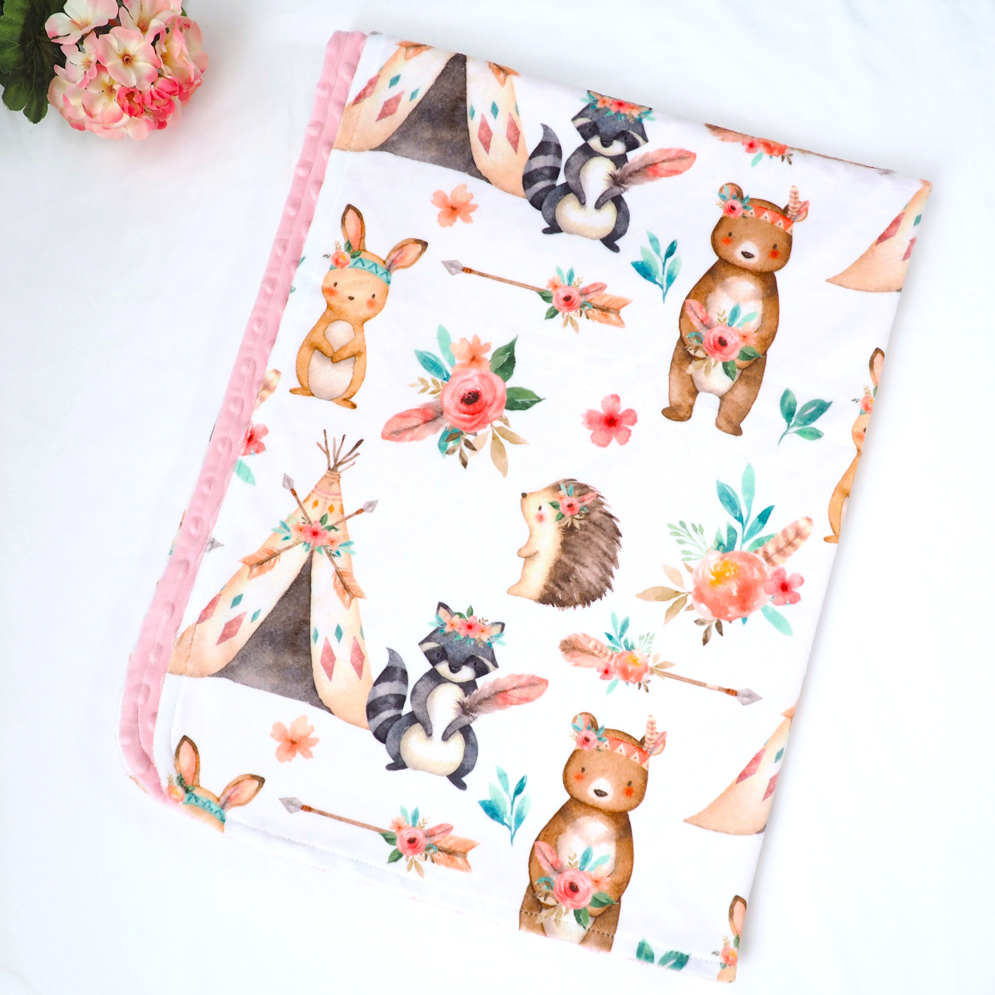 Woodland Tribe Pink Minky Baby Blanket