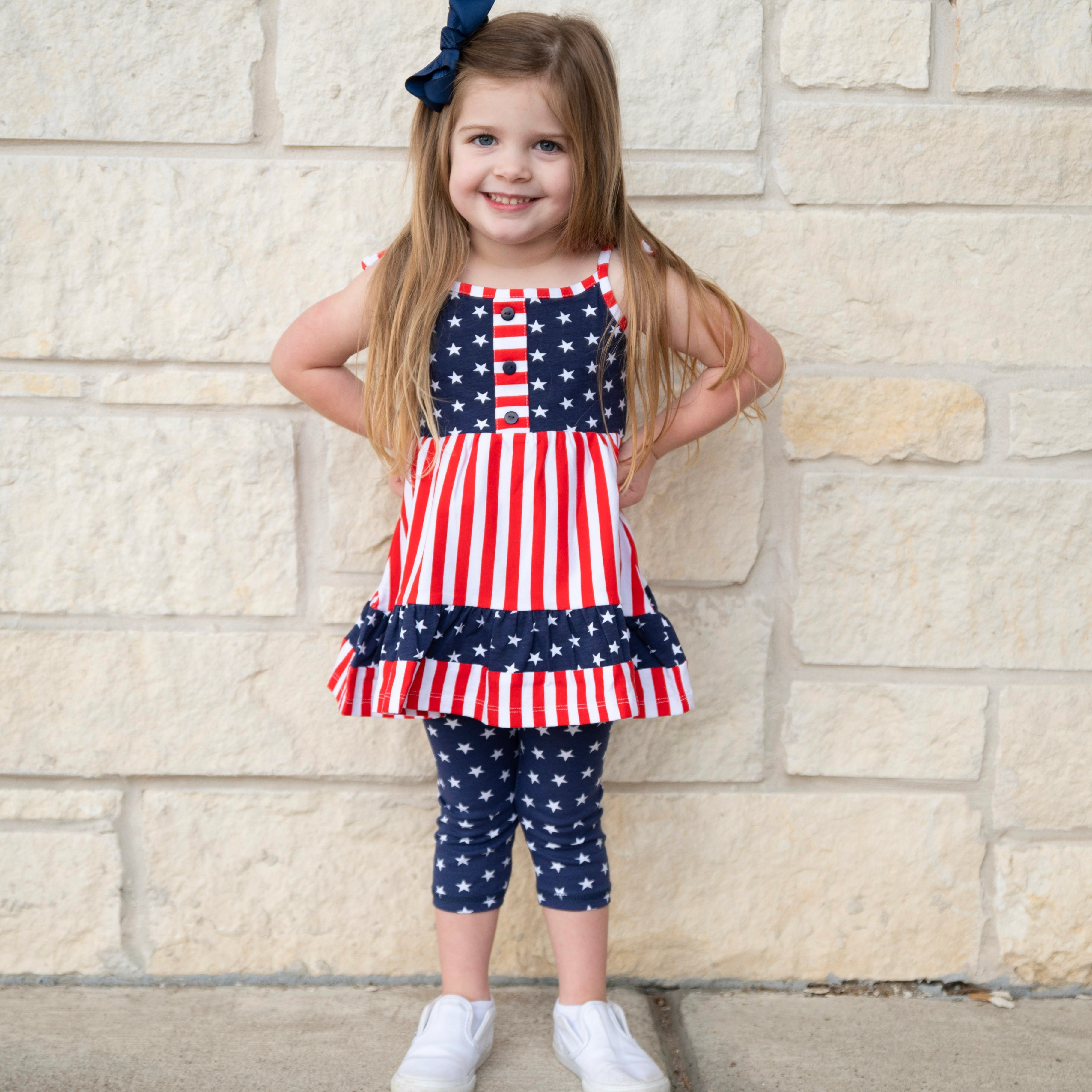Annloren Girls 4th Of July Stars & Striped Dress & Capri Leggings Outfit